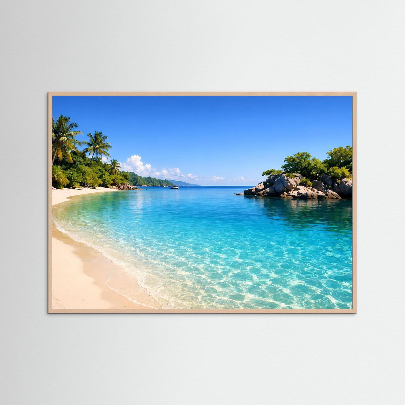 Querformat Poster im braunen Rahmen: tropischer Strand mit türkisblauem Wasser und Palmen