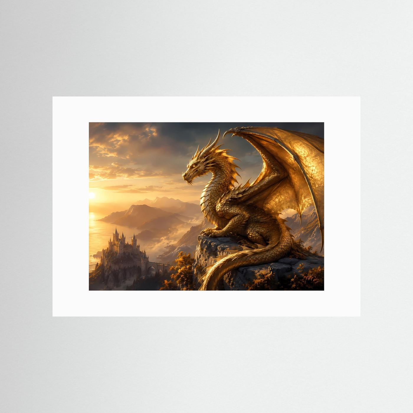 Fantasy-Wandkunst mit weißem Passepartout: goldener Drache auf Felsvorsprung über Burg