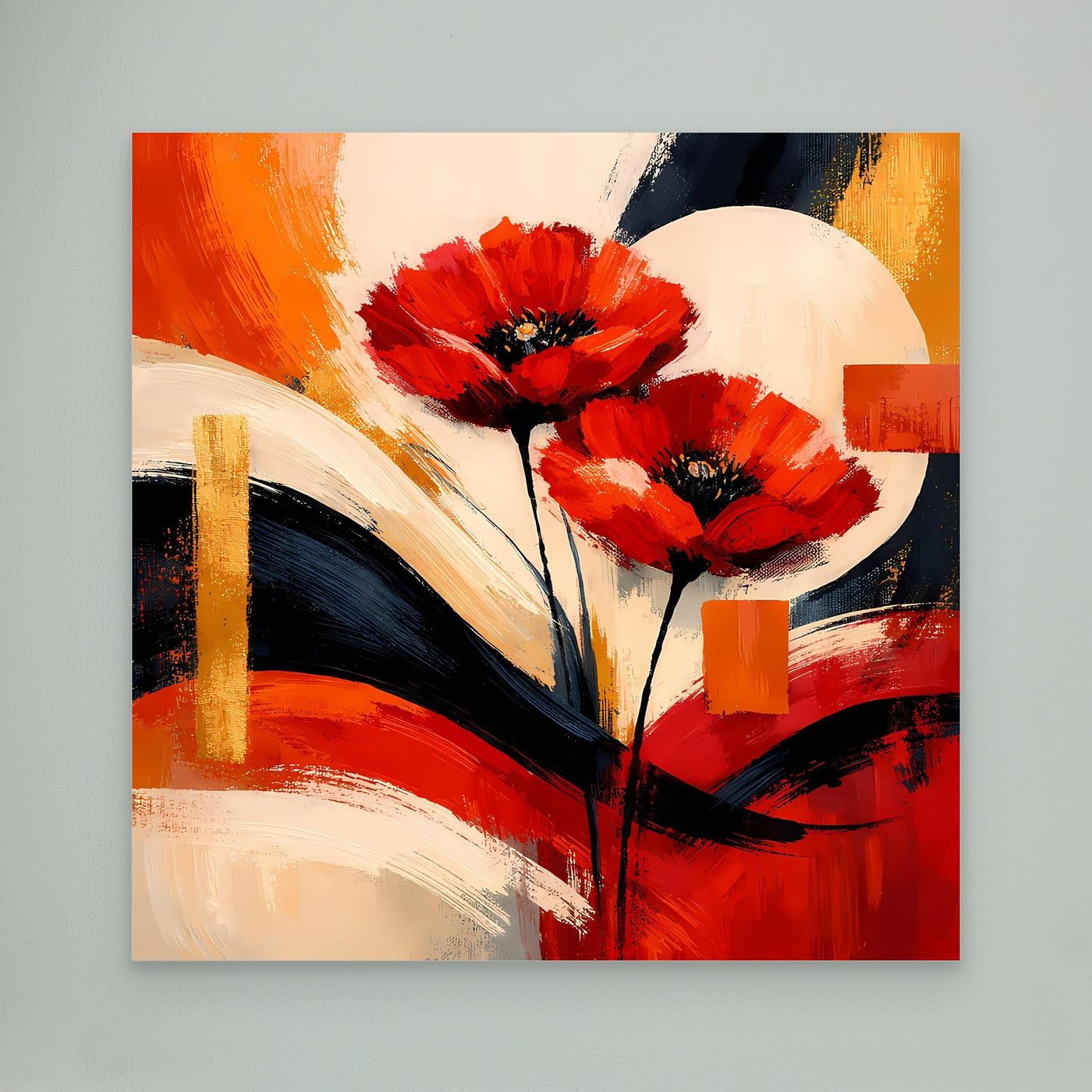 Abstraktes Leinwandbild mit roten Mohnblüten, roten und schwarzen Pinselstrichen und Farbflächen