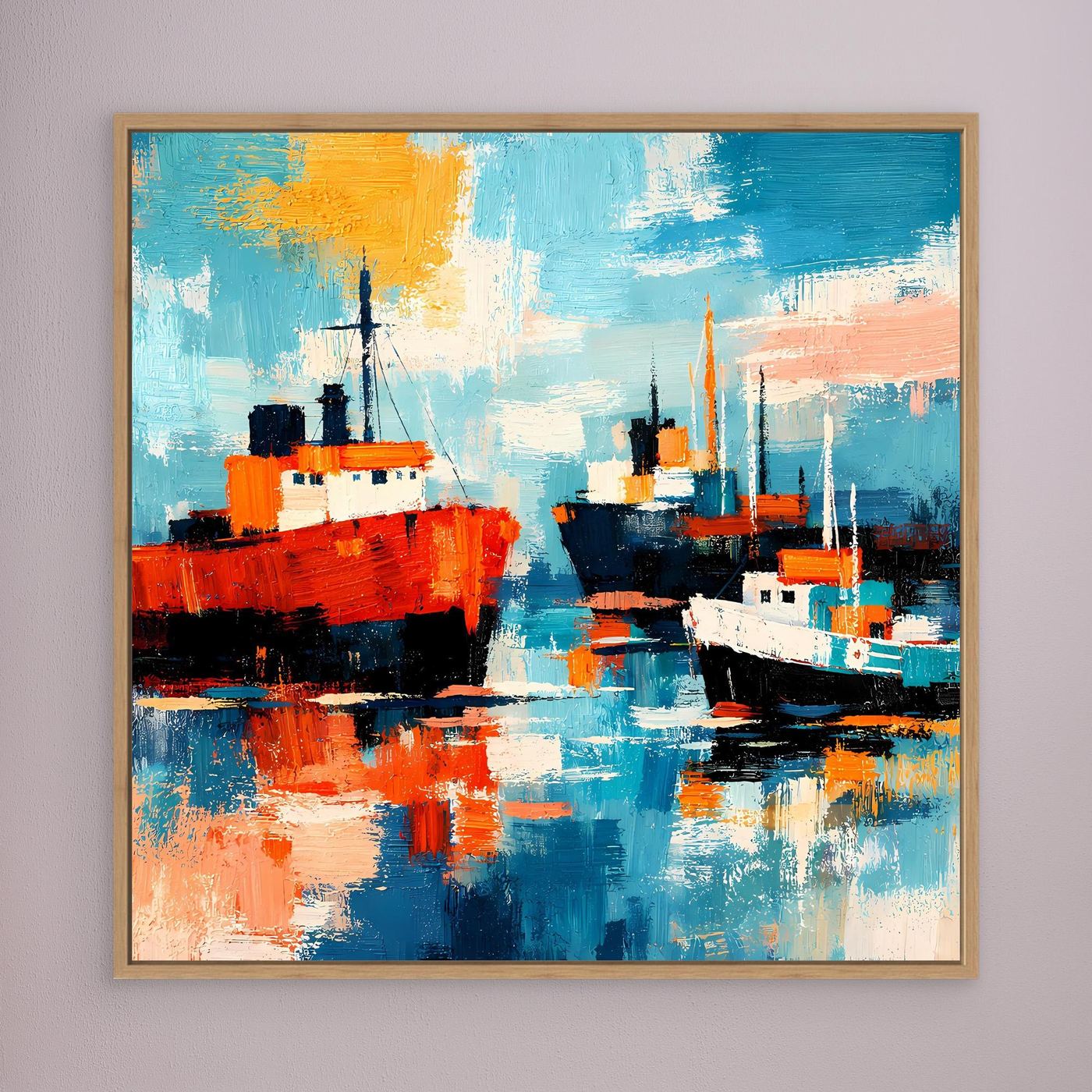 Leinwand-Wandbild mit abstrakten Schiffen im Hafen, braun gerahmt