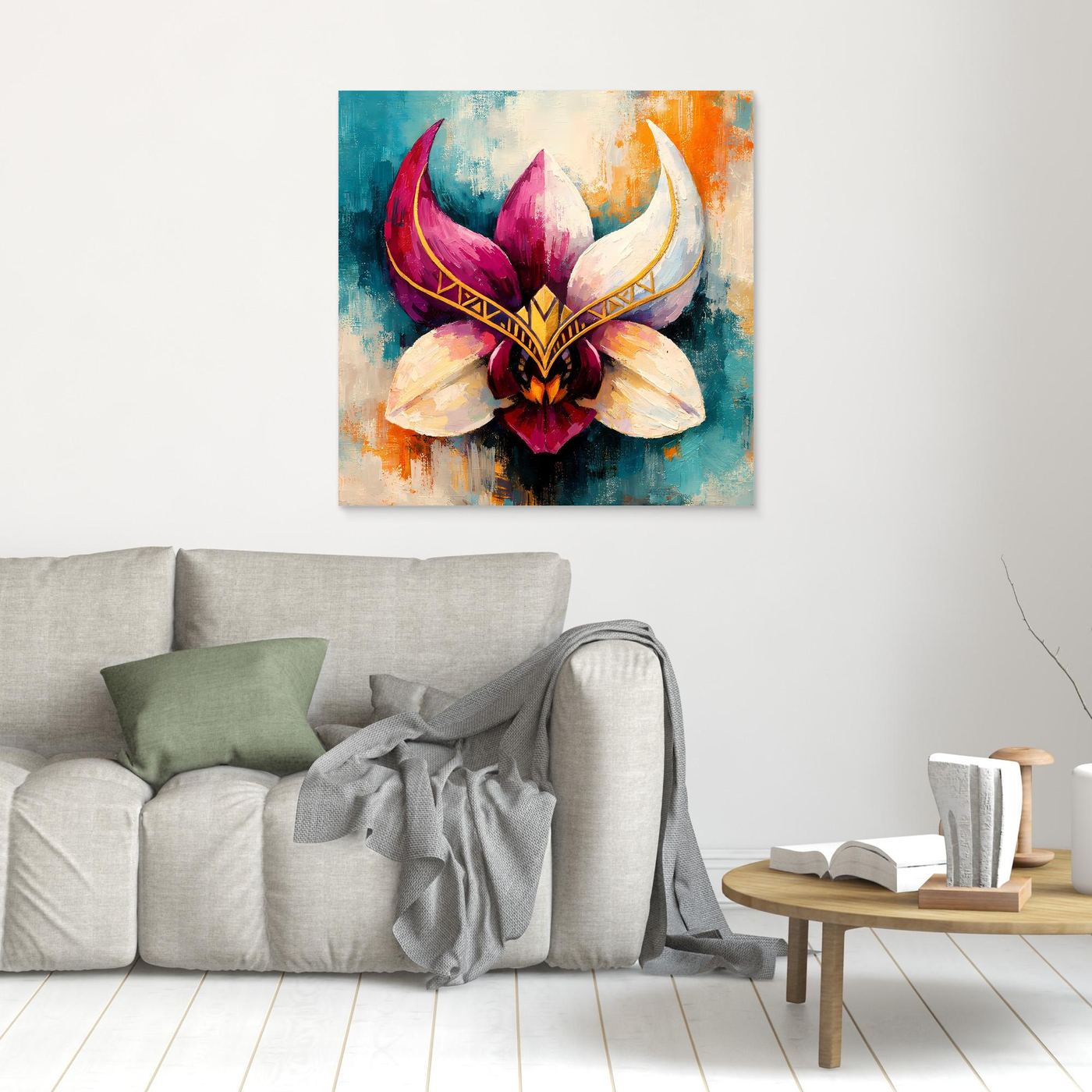 Premium Leinwand Mystische Orchideen-Maske in Gold | Abstraktes Florales Wandbild im Fantasy-Stil