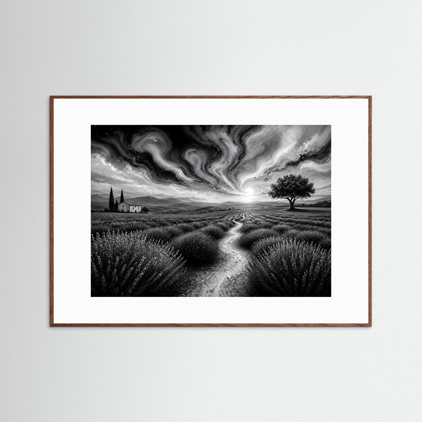 Lavendelfeld in Schwarz-Weiß | Abstrakte Landschaft mit dramatischem Himmel