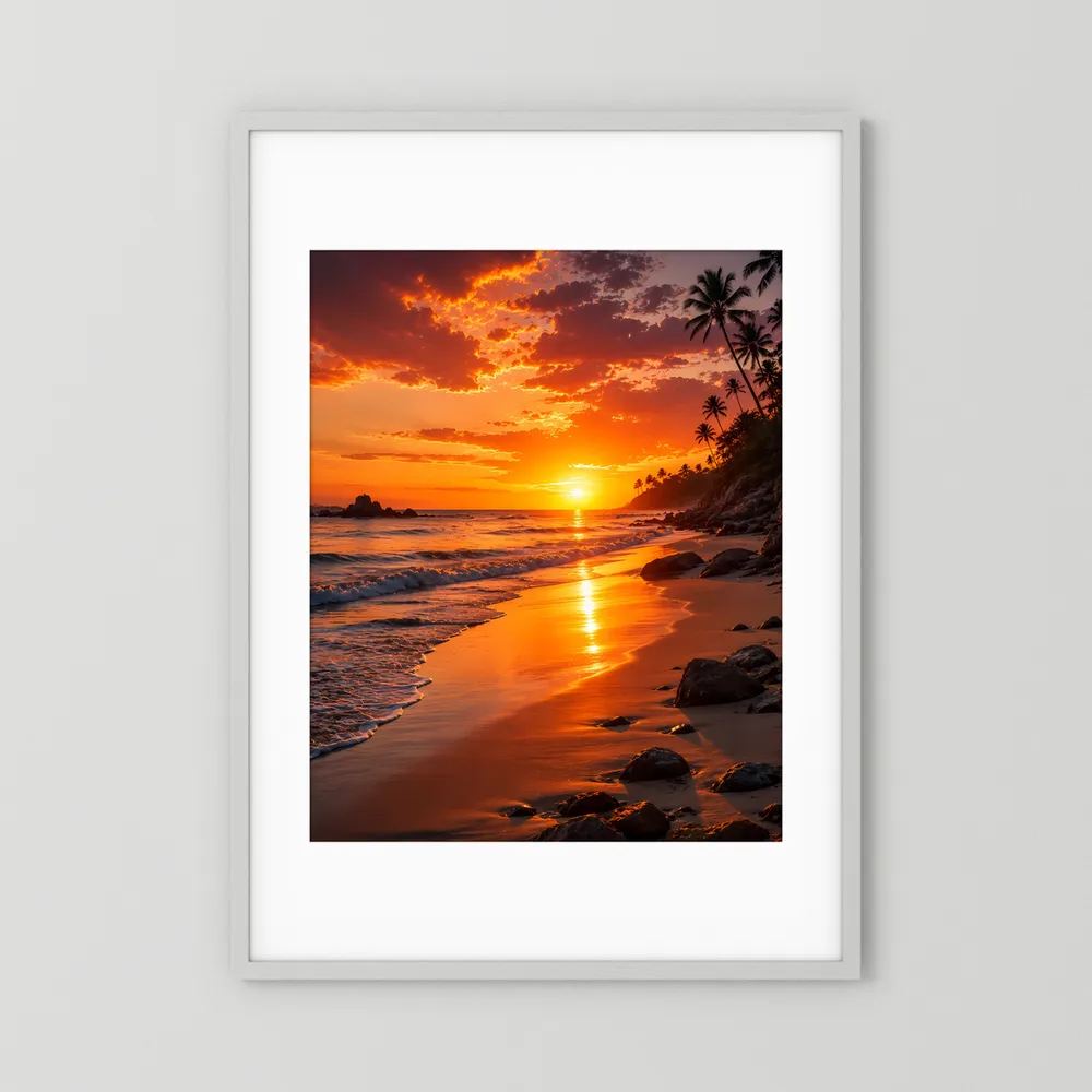 Hochformatiges Poster mit Strandsonne und Palmen, weißer Rahmen mit Passepartout