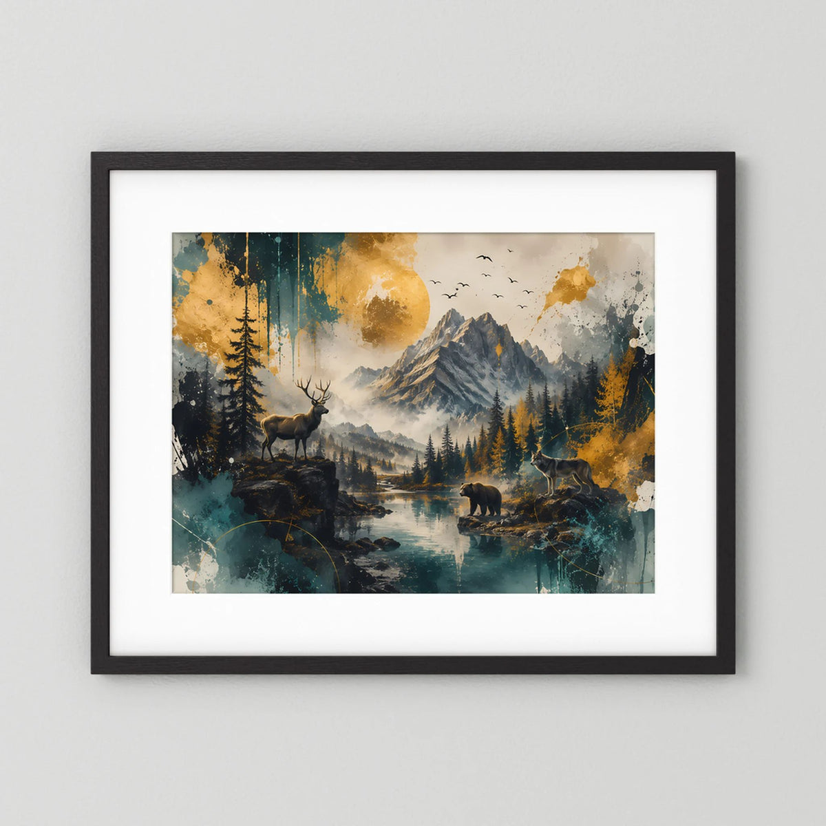 Wildtiere in majestätischer Berglandschaft | Hirsch Wolf und Bär | Poster Querformat