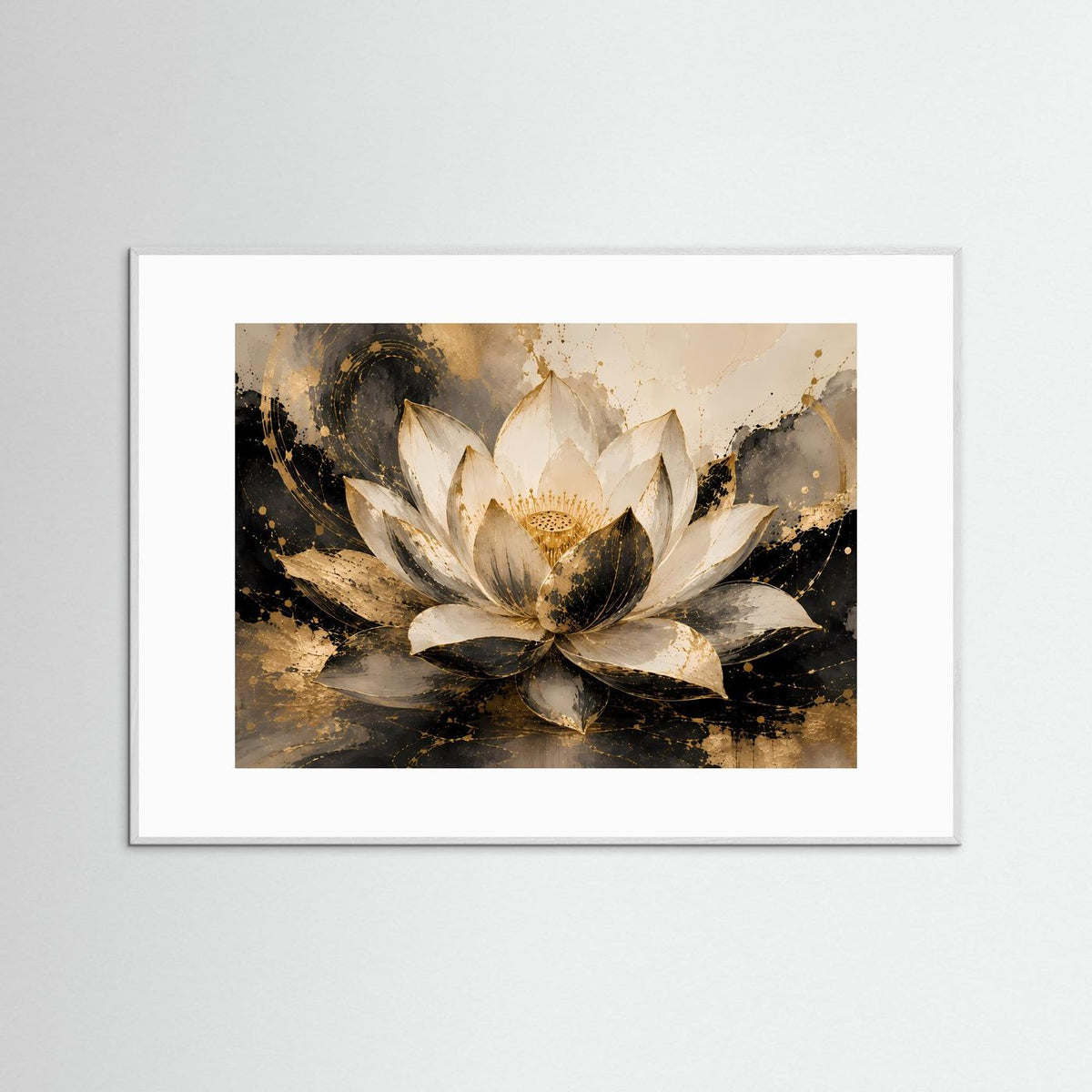 Gerahmtes Lotusblüten-Poster im Querformat mit gold schimmernder Lotusblüte auf dunklem Fond.