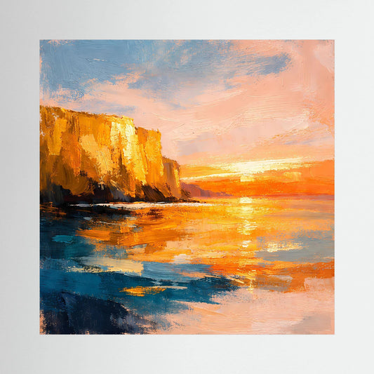 Rechteckiges Leinwand-Wandbild mit abstraktem Sonnenuntergang, orangefarbenem Meer und Felsküste