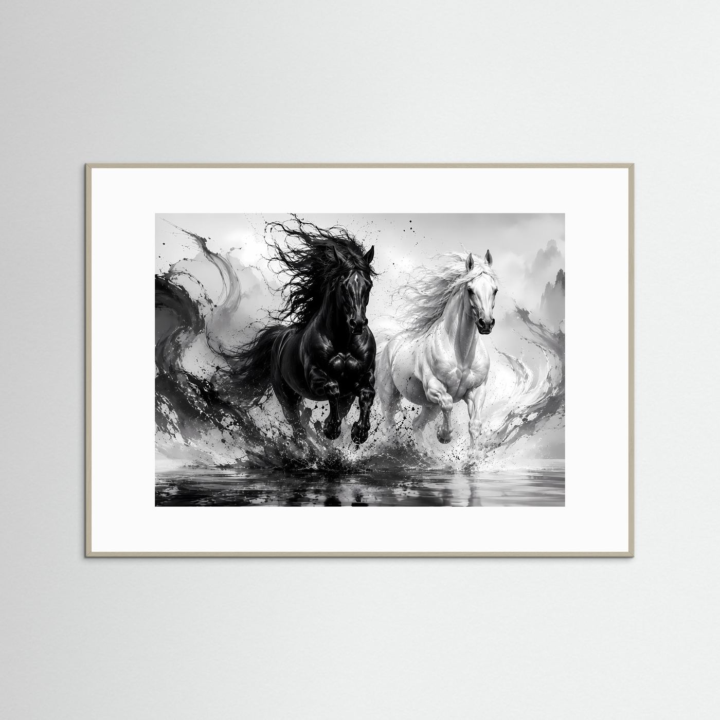 Schwarz Weiß Pferde Poster | Yin Yang Pferde Wandbild | Galoppierende Schwarze und Weiße Pferde | Moderne Abstrakte Pferdekunst