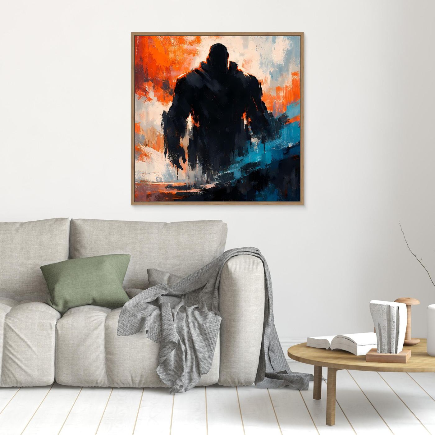 Kleines Leinwandbild mit dunkler Silhouette, orange-blau abstrakt, Holzrahmen