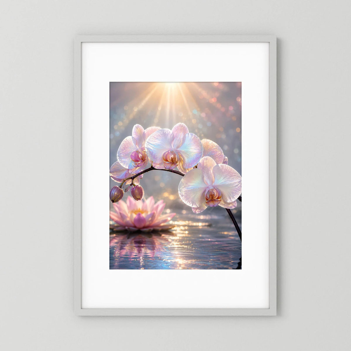 Hochformatiges Poster mit Perlmutt-Orchideen und Lotusblüte, pastellfarbene Blüten