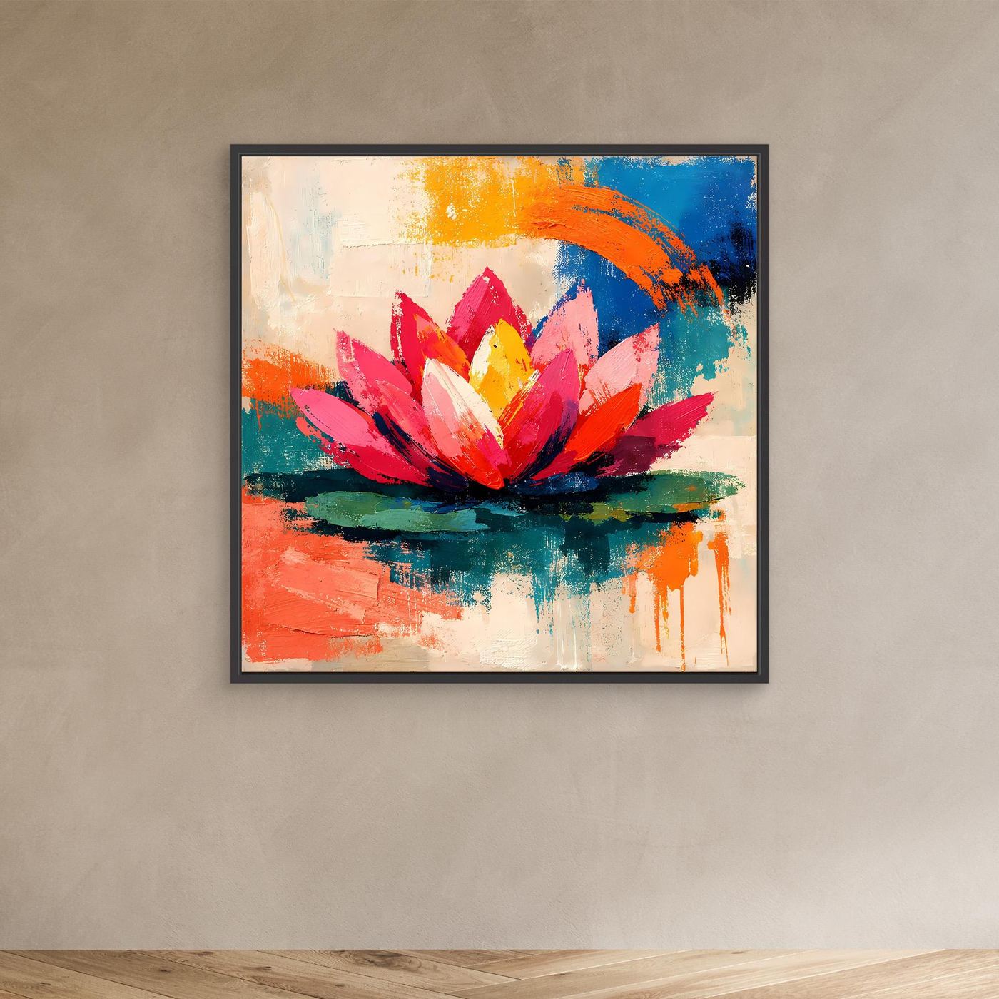 Black-framed abstract lotus wall art with pink petals, orange blue strokes, and green highlights.