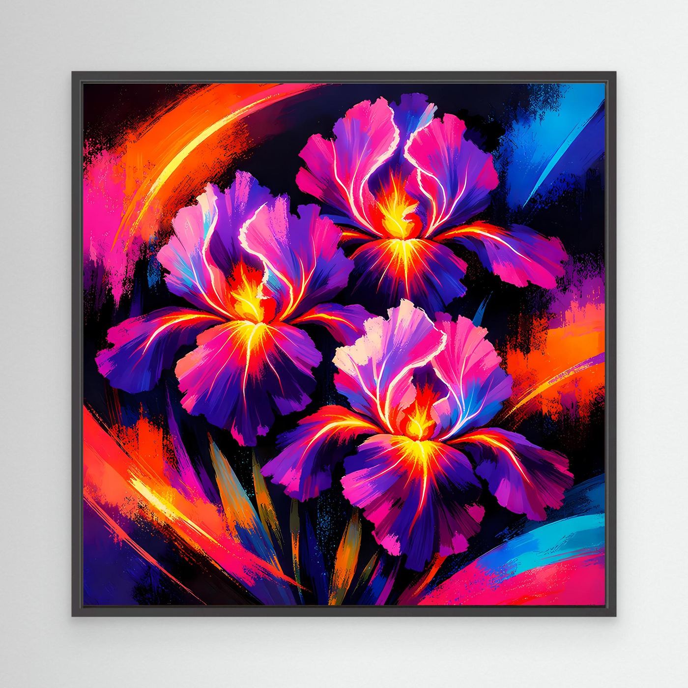 Leinwand-Wandbild mit abstrakten Irisblüten, schwarzer Rahmen