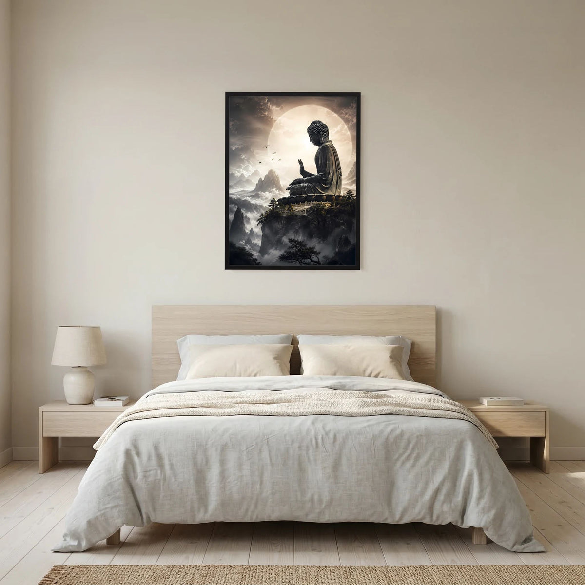 Poster mit sitzendem Buddha über Wolken, rundes Licht, schwarz gerahmt, Hochformat