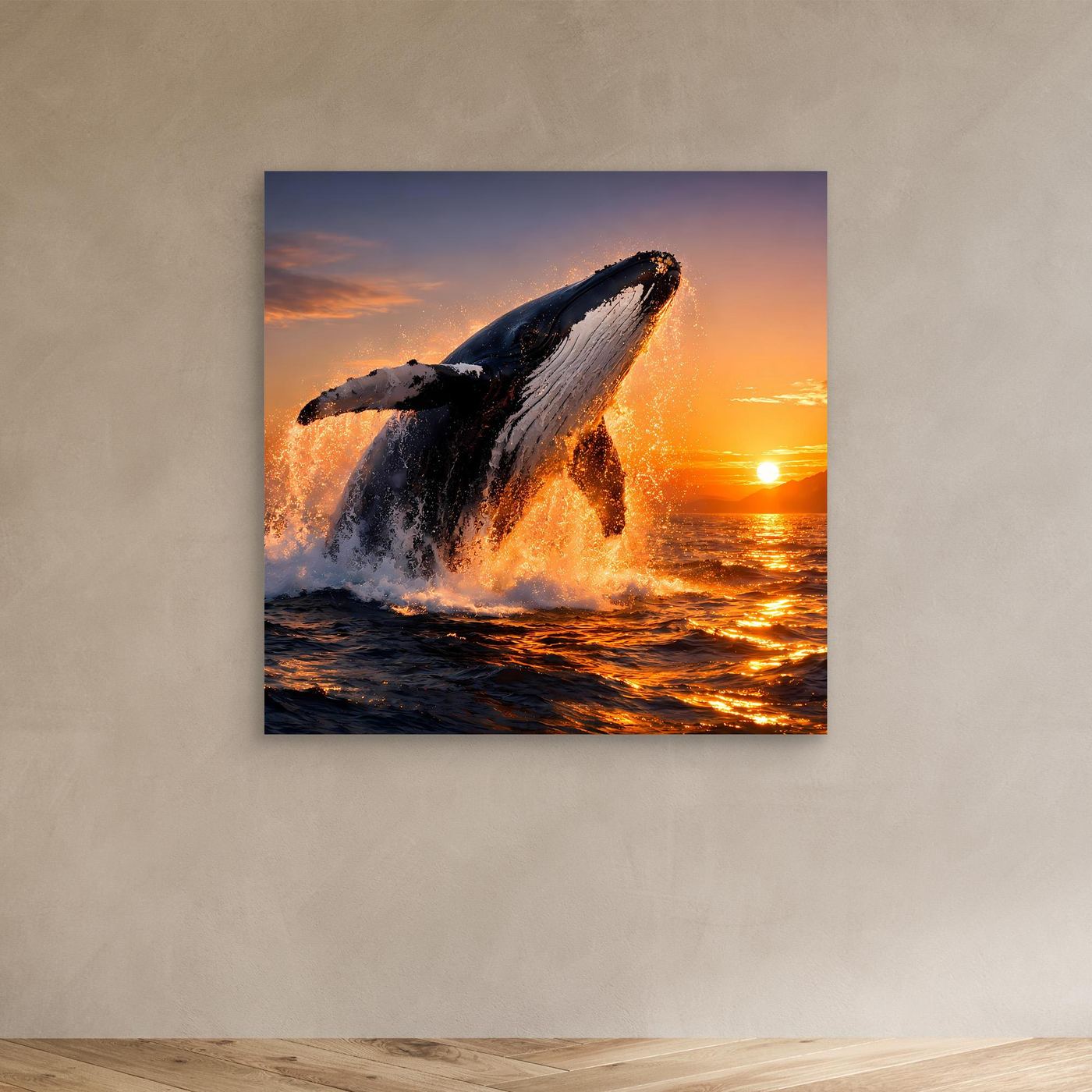Kleines Leinwandbild mit springendem Buckelwal am Meer, ohne sichtbaren Rahmen.