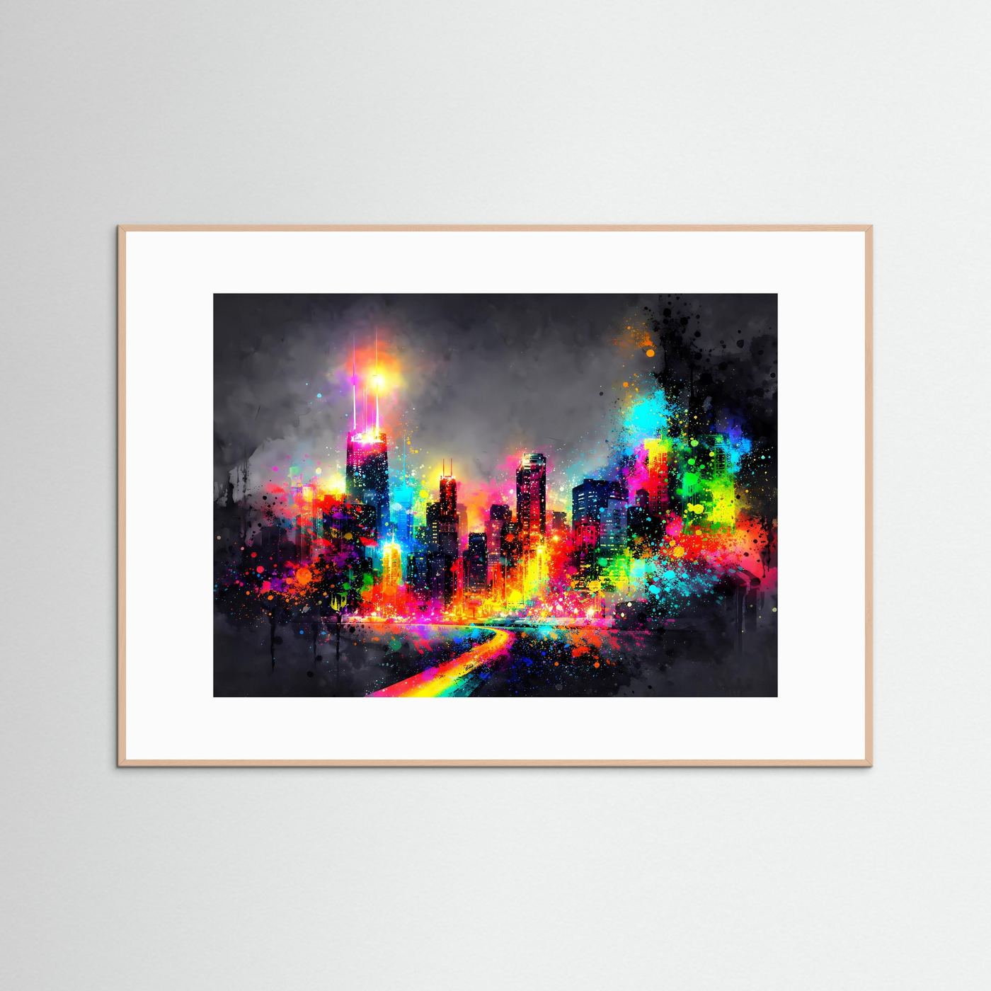 Abstrakte Chicago Skyline bei Nacht | Neon Pop Art & Bunte Wanddeko Querformat