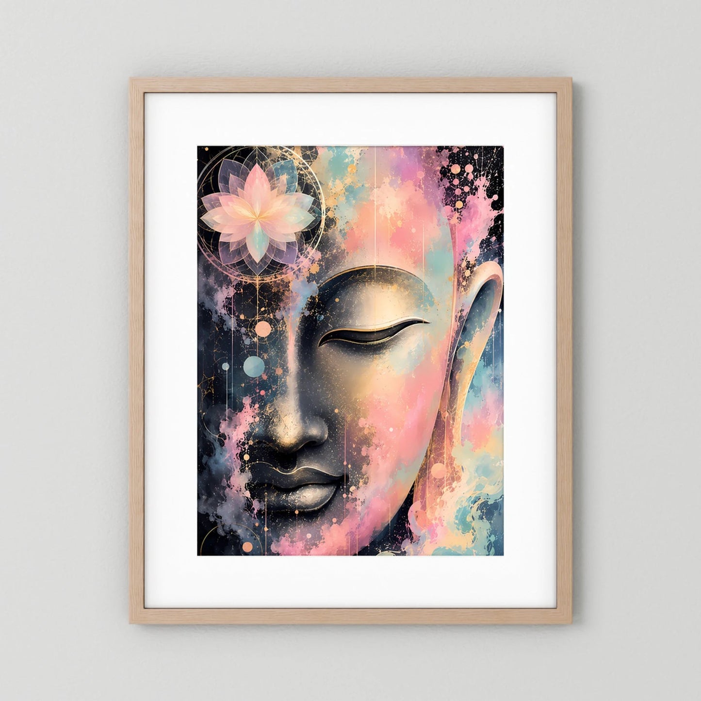 Kunstposter mit abstraktem Buddha-Gesicht in Pastellfarben, Gold- und Schwarzdetails im hellen Holzrahmen