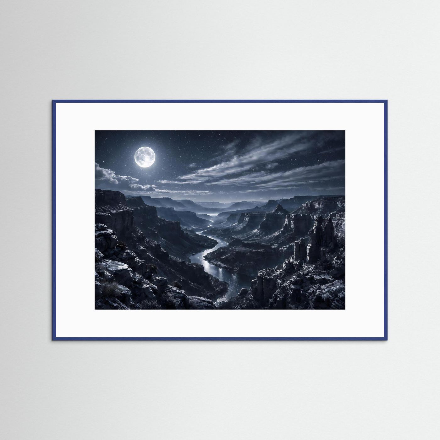 Wandbild: Canyon bei Mondschein, dunkle Felsenlandschaft mit hellem Mond, im Rahmen