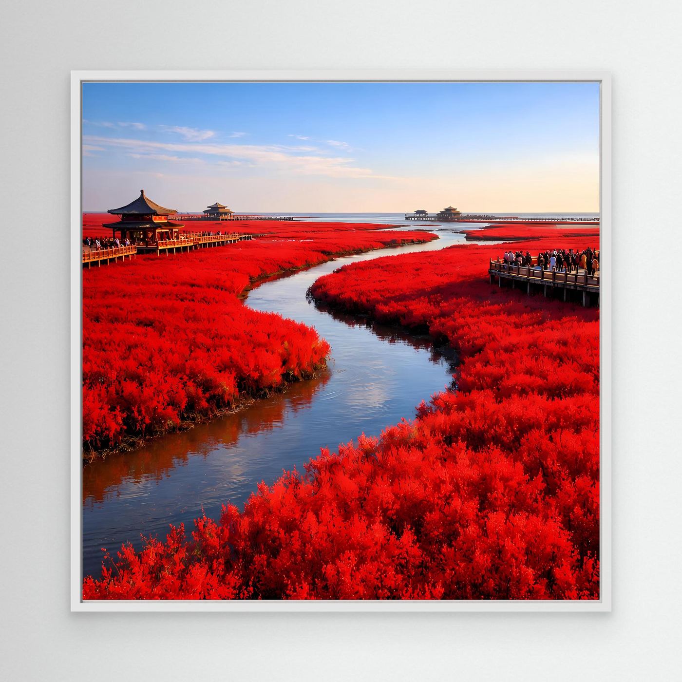 Leinwandbild mit weißem Rahmen: roter Fluss zwischen dichter roter Vegetation und Stegen