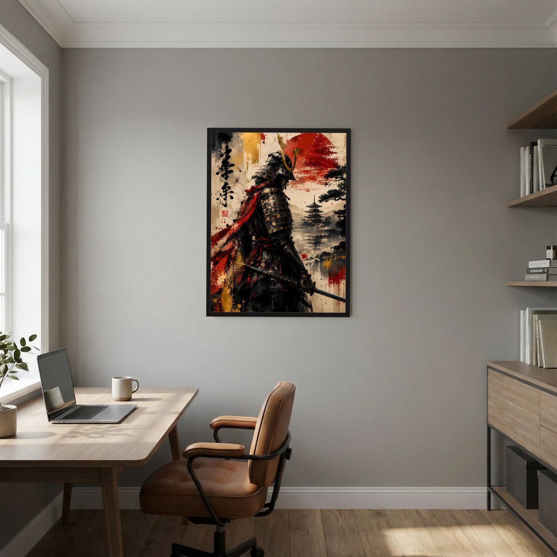 Poster mit Samurai in Schwarz, roter Sonne und orange-roter Farbfläche, im schwarzen Rahmen.