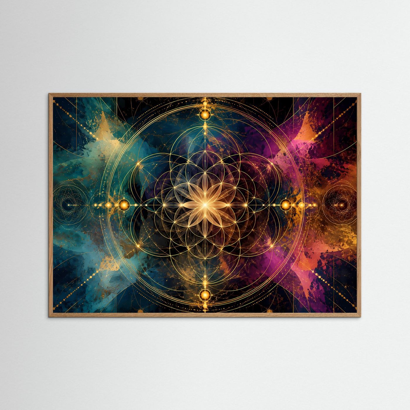 Querformat-Poster mit goldener Geometrie, in hellem Eichenrahmen