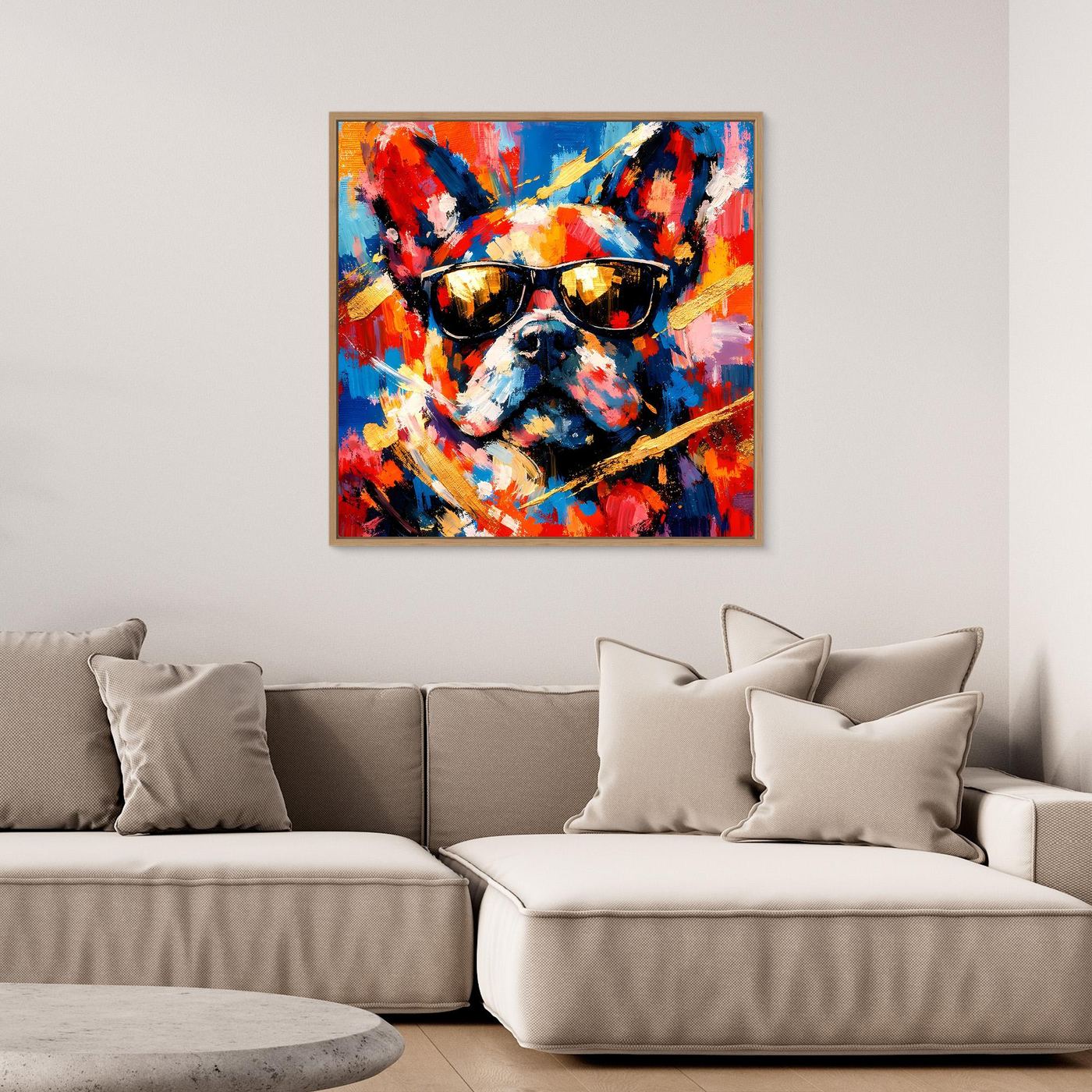 Leinwandbild mit abstrakter Französischer Bulldogge und Sonnenbrille, kräftige Farbflecken