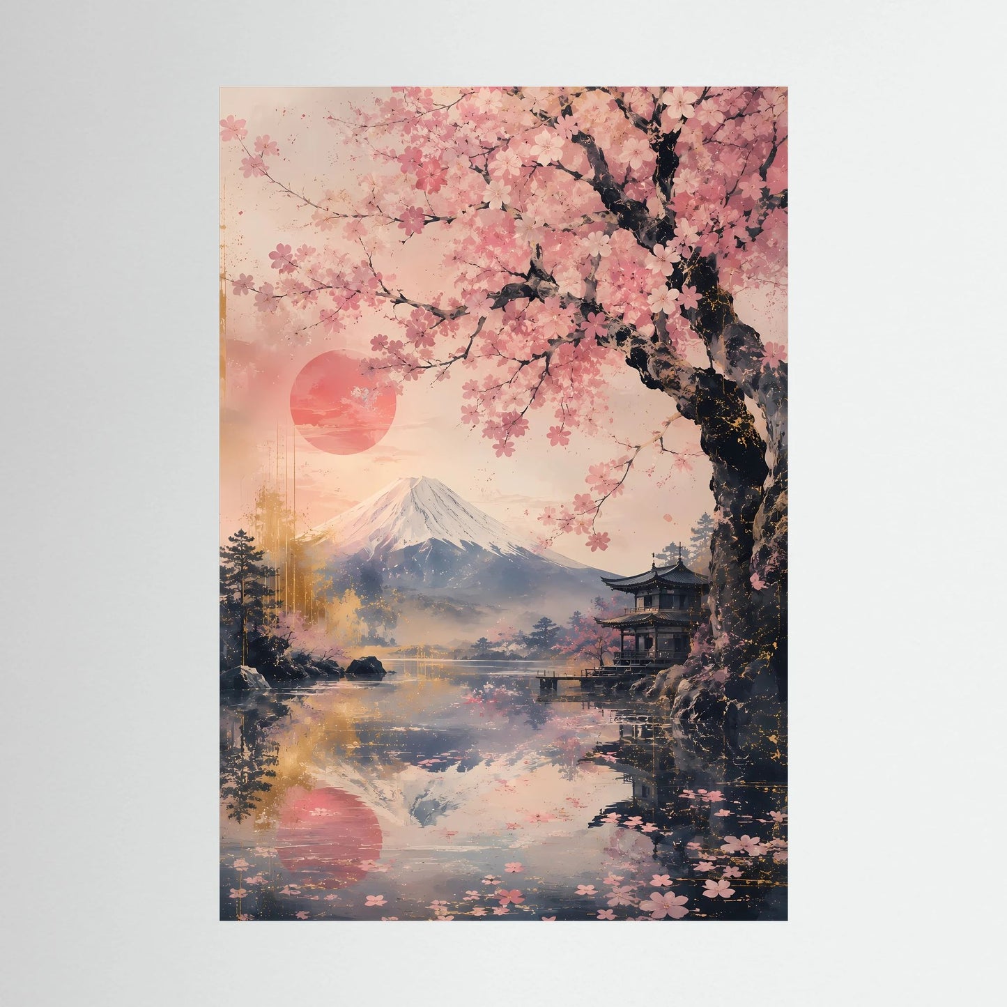 Ungerahmtes Poster mit Kirschblüten, Fuji-Berg und Wasserlandschaft in Rosa.