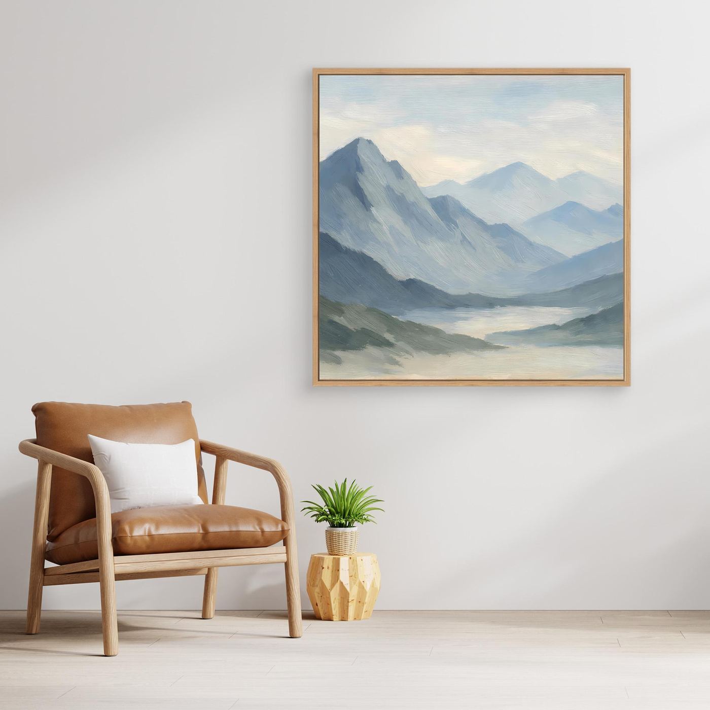 Leinwandbild Berglandschaft im Nebel, hellblau, mit goldfarbenem Holzrahmen