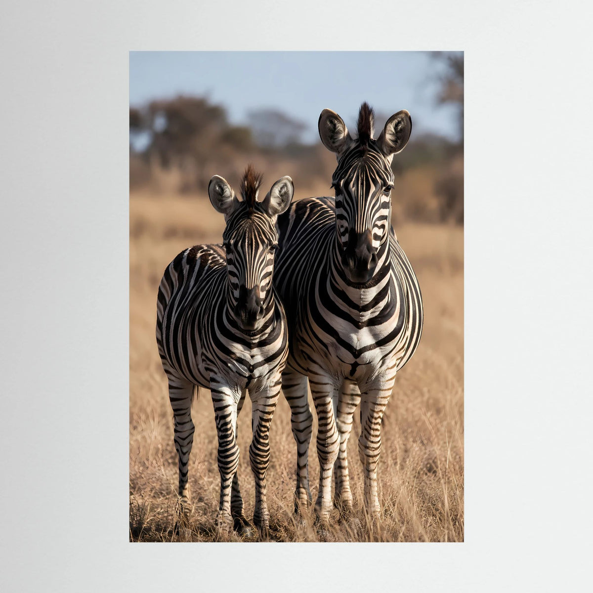 Poster im Hochformat mit zwei Zebras, Muttertier und Jungtier, nah mit Streifen