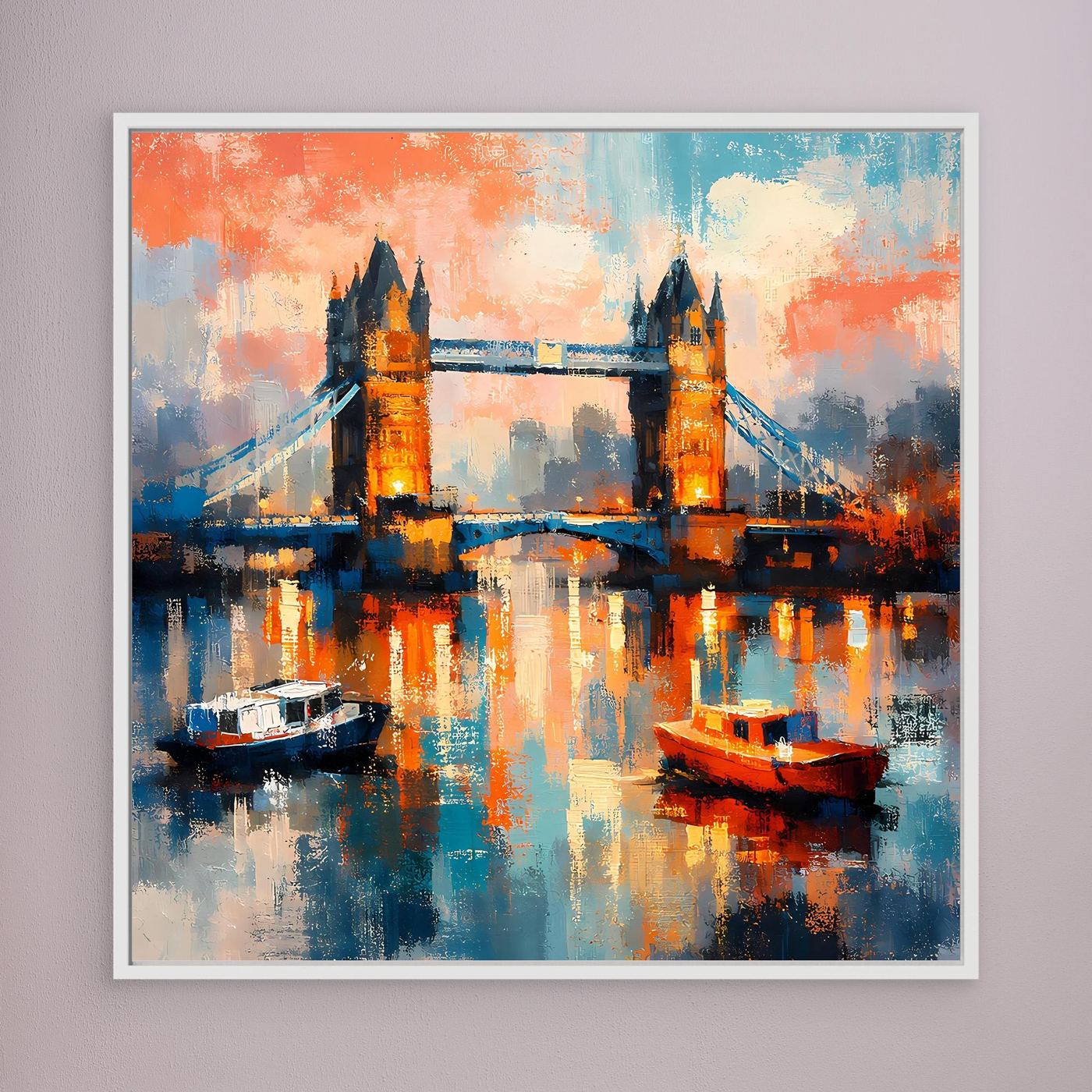 Abstraktes Leinwand-Wandbild mit Tower Bridge und Booten, weißer Rahmen