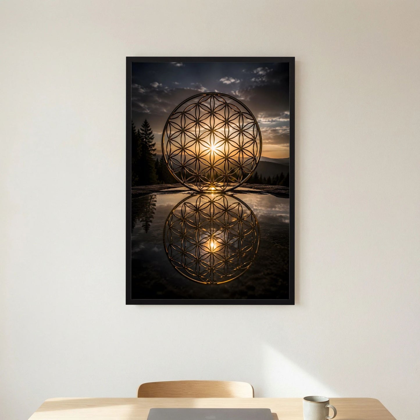 Hochformatiges Poster mit goldener Blume des Lebens in zwei reflektierten Kreisen, schwarzer Rahmen.