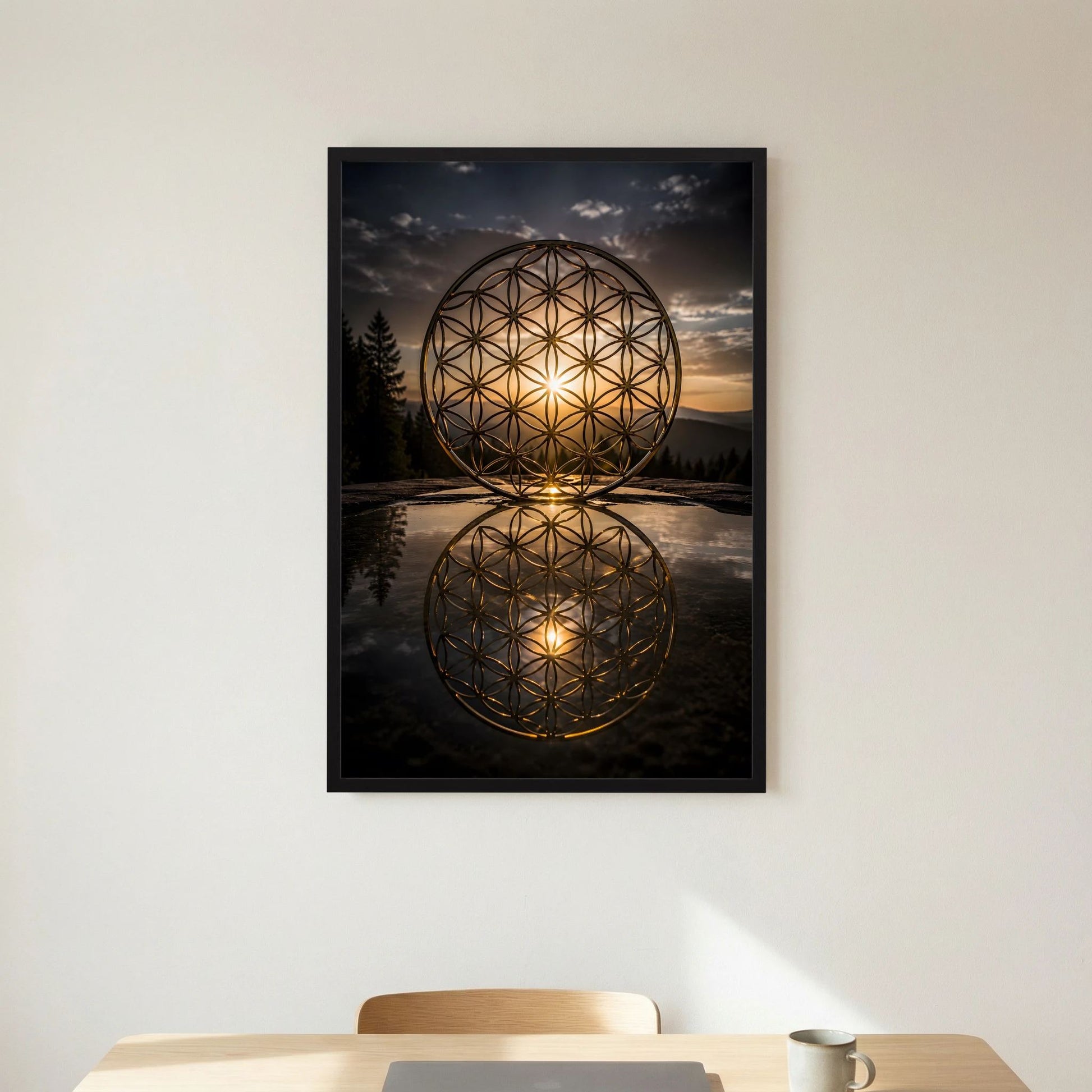 Hochformatiges Poster mit goldener Blume des Lebens in zwei reflektierten Kreisen, schwarzer Rahmen.