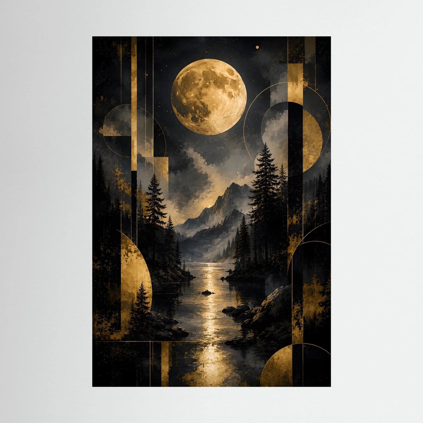 Hochformatiges Poster mit goldenem Vollmond über Bergen und See, abstrakte goldene Formen