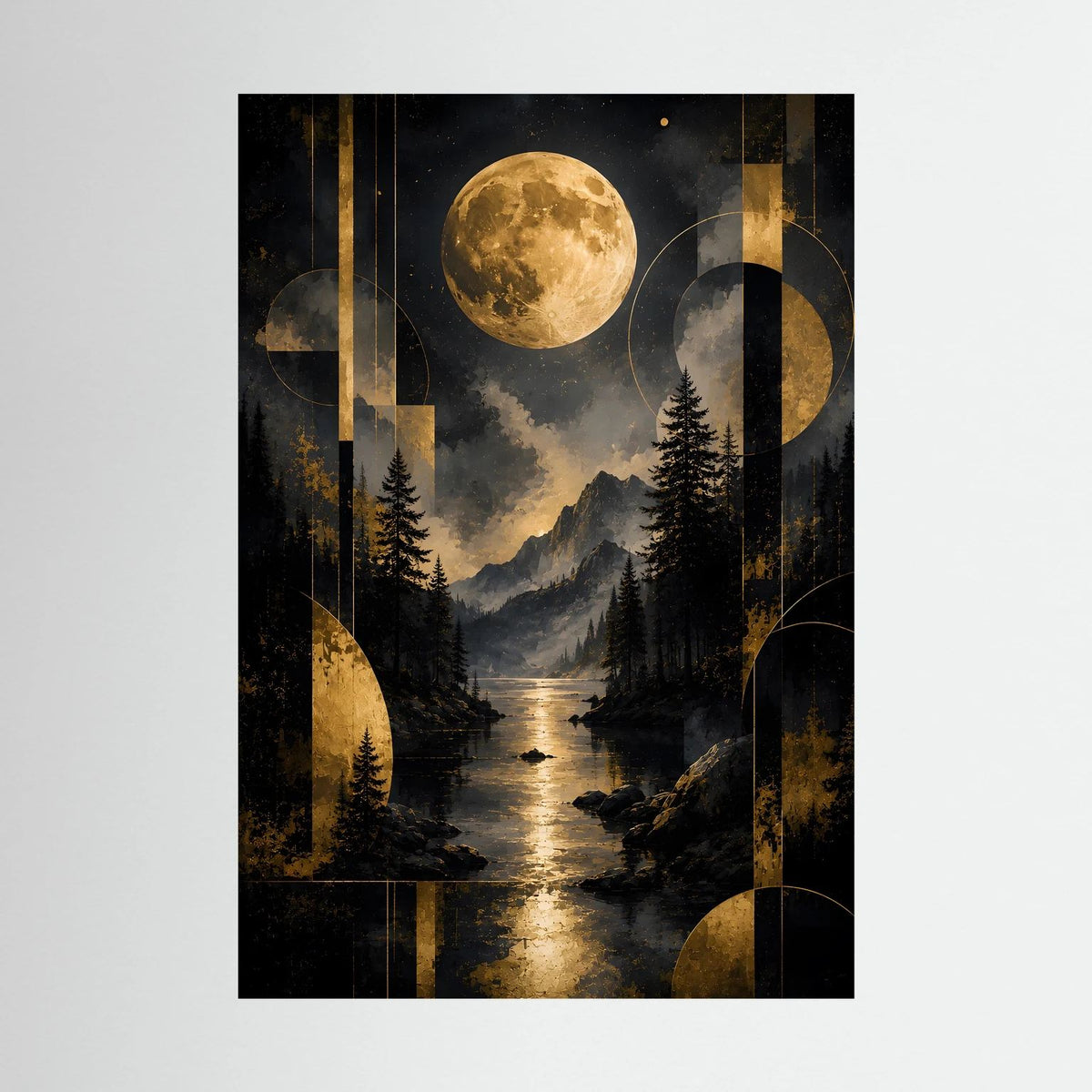 Hochformatiges Poster mit goldenem Vollmond über Bergen und See, abstrakte goldene Formen