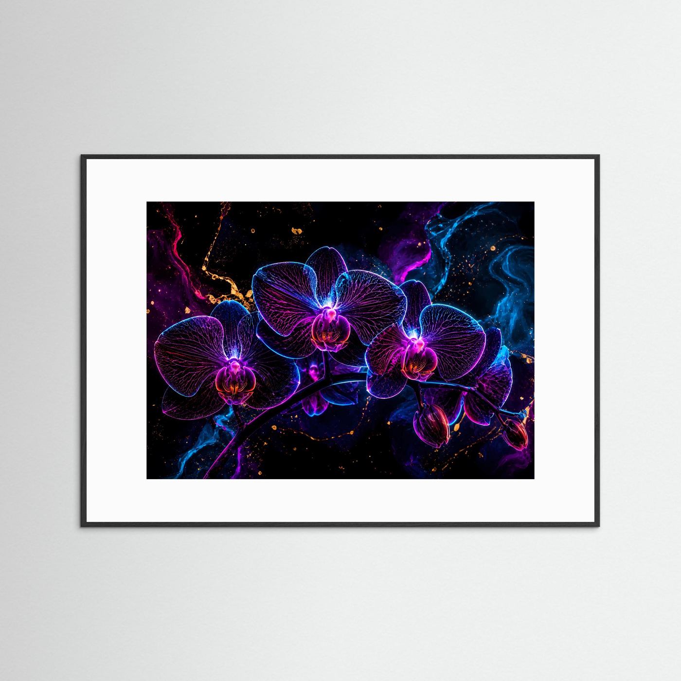 Neon Orchideen Poster | Leuchtende Blumen Wandkunst | Futurale Floral Art in Blau & Magenta | Abstrakte Luxus Wall Art | Modernes Leinwandbild