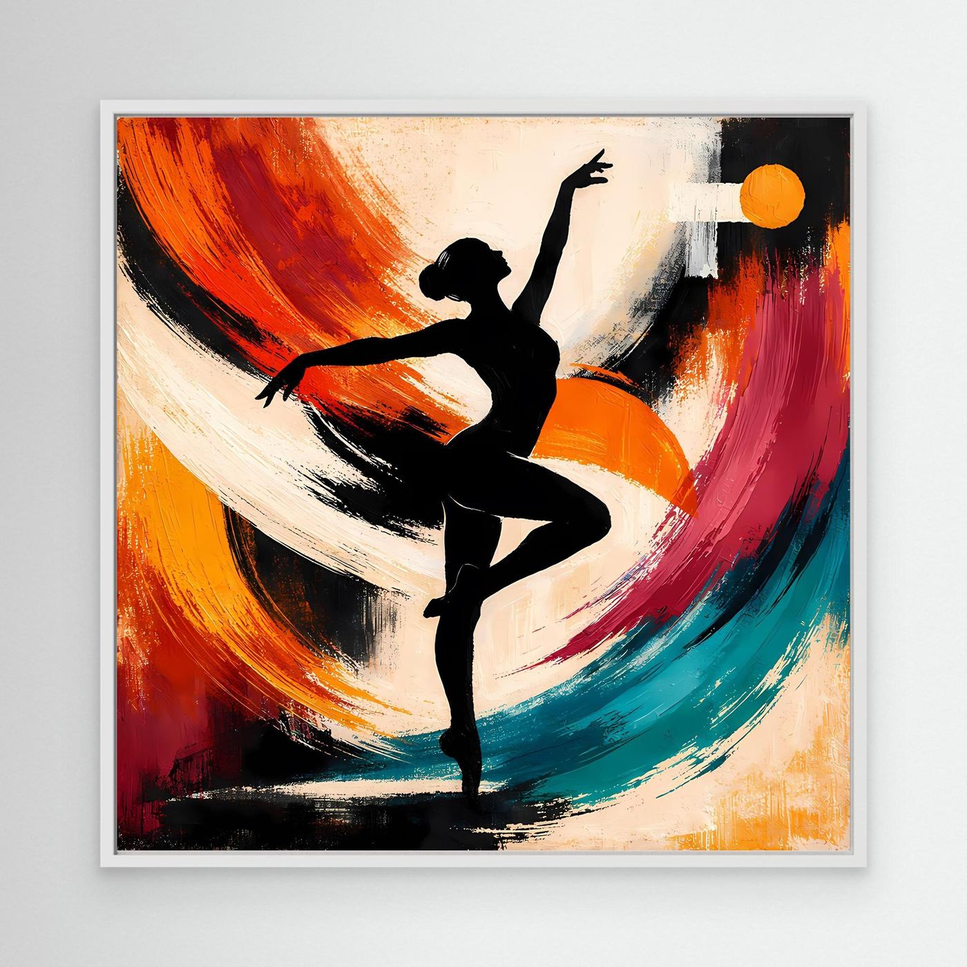 Abstraktes Leinwandbild mit schwarzer Ballerina im Sprung, bunte Pinselwirbel, Weißrahmen