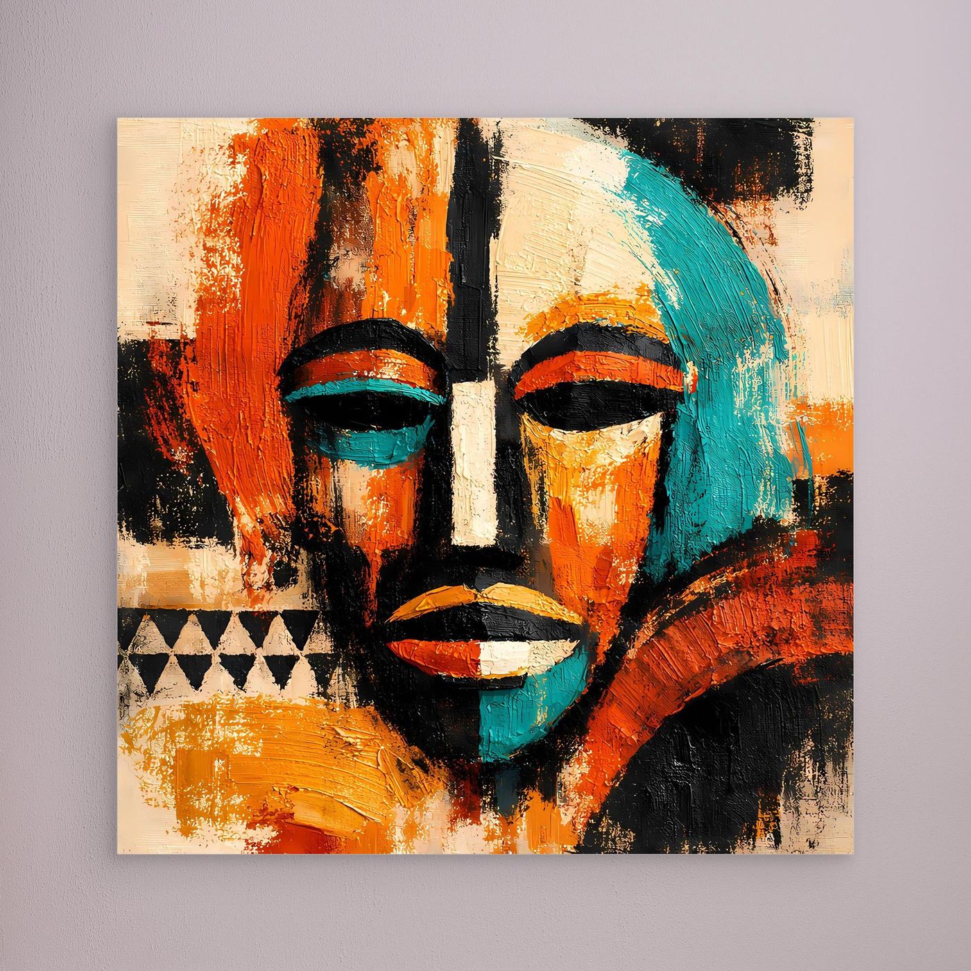 Abstract mask portrait wall art with teal and orange face paint and black details.