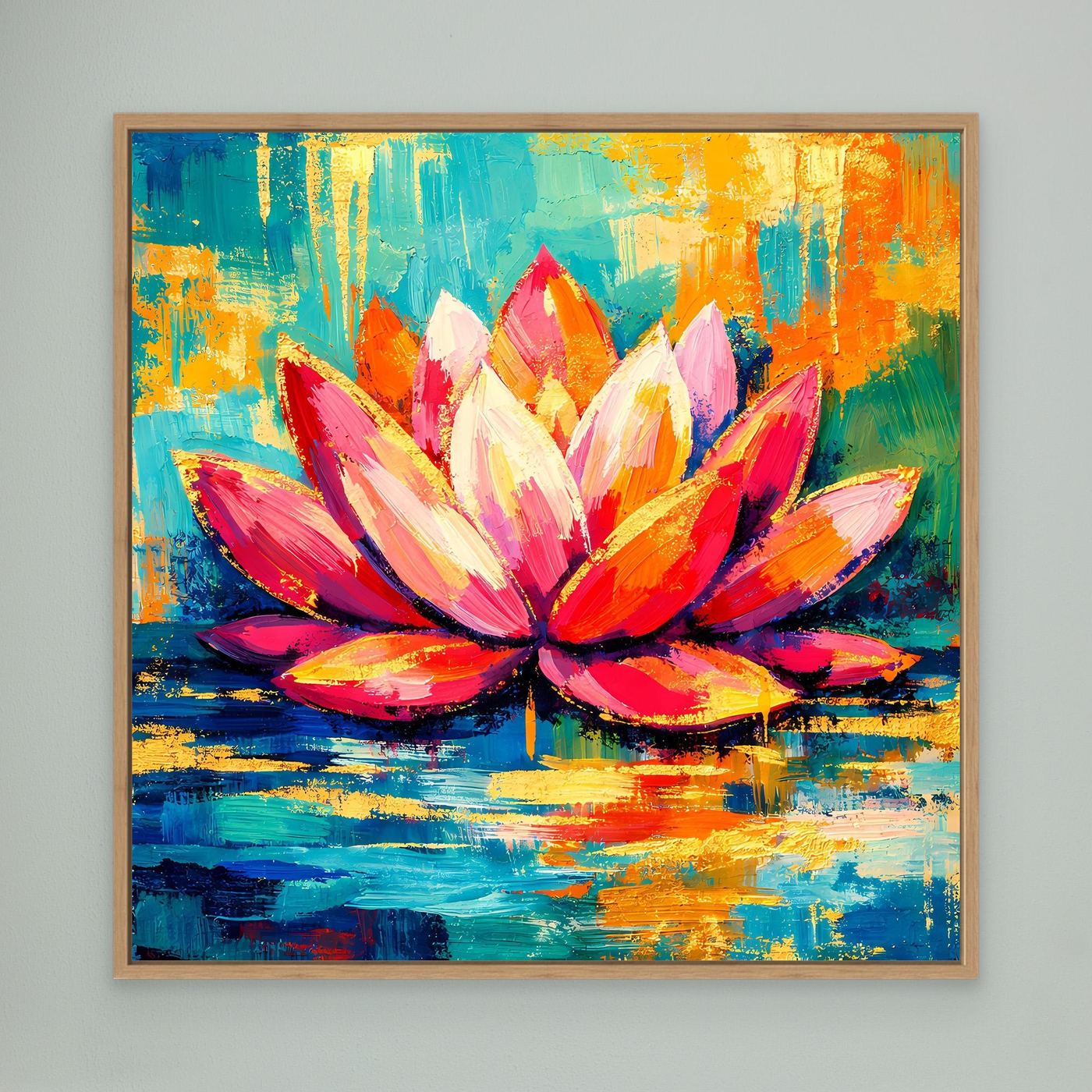 Abstraktes Lotus-Wandbild im hellem Eichenrahmen, bunte Blütenblätter mit goldenen Akzenten