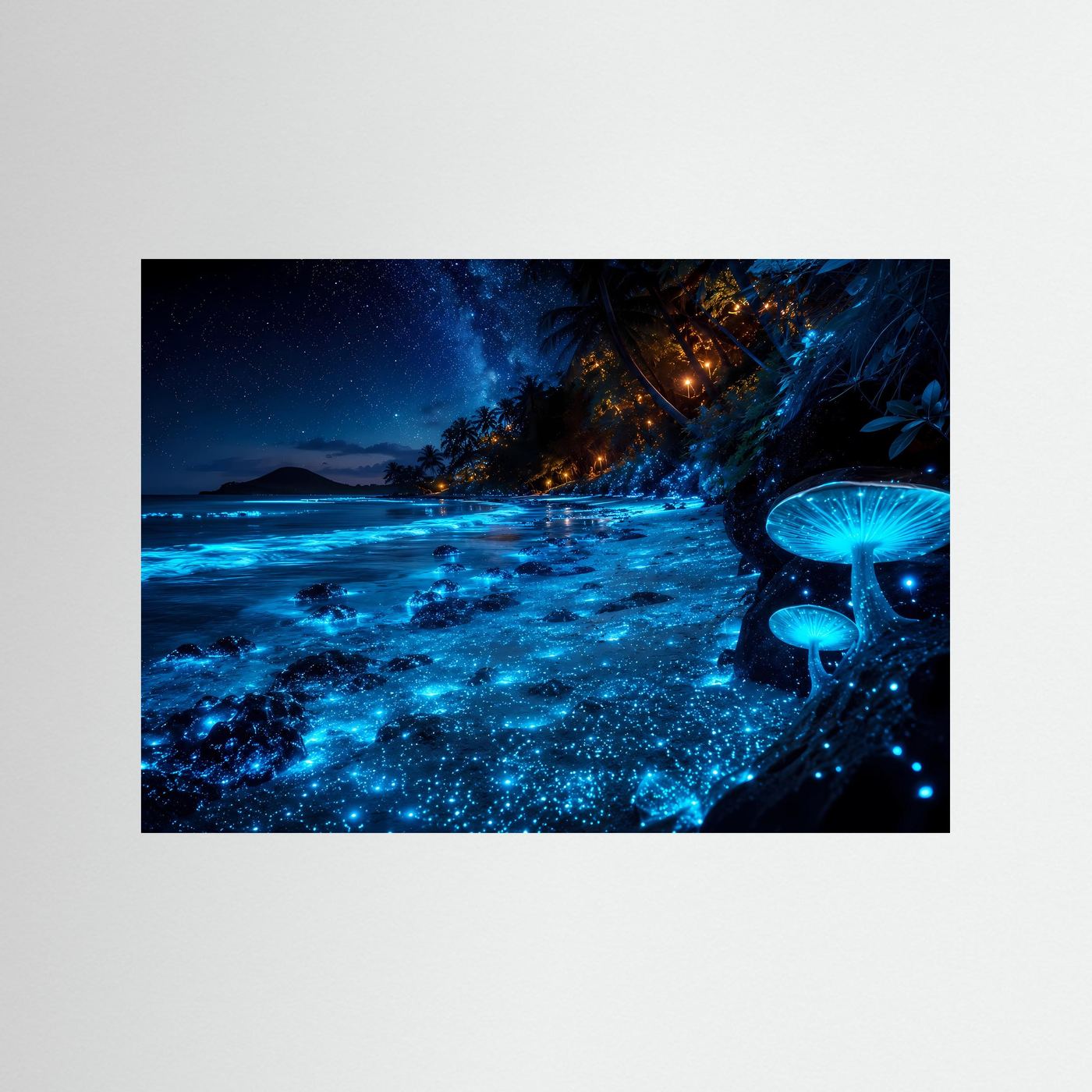 Leuchtender Nachtstrand Poster | Biolumineszenter Strand mit Sternenhimmel | Tropische Küste Wandbild | Magische Meereslandschaft | Moderne Wall Art