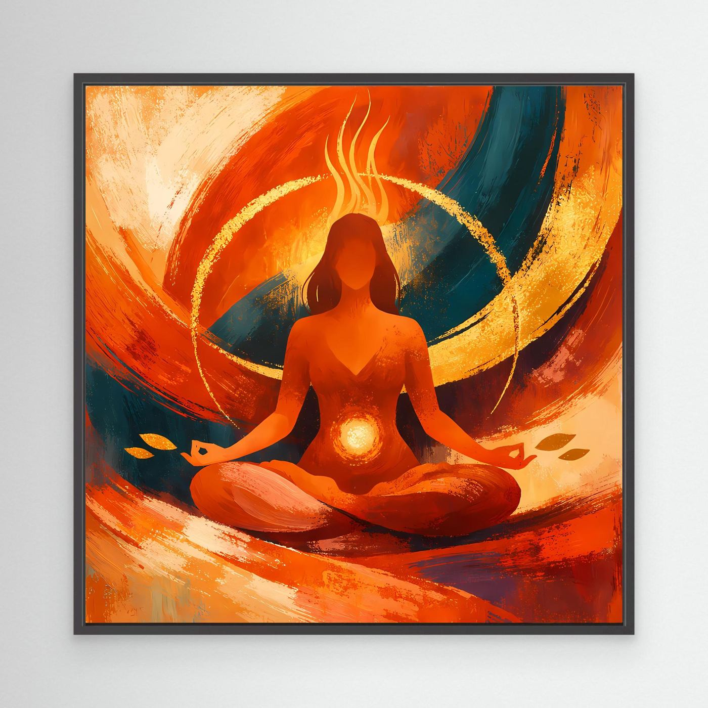 Abstraktes Leinwandbild mit Yogaskulptur beim Sitzen in Meditation, Orange und Blau, schwarzer Rahmen