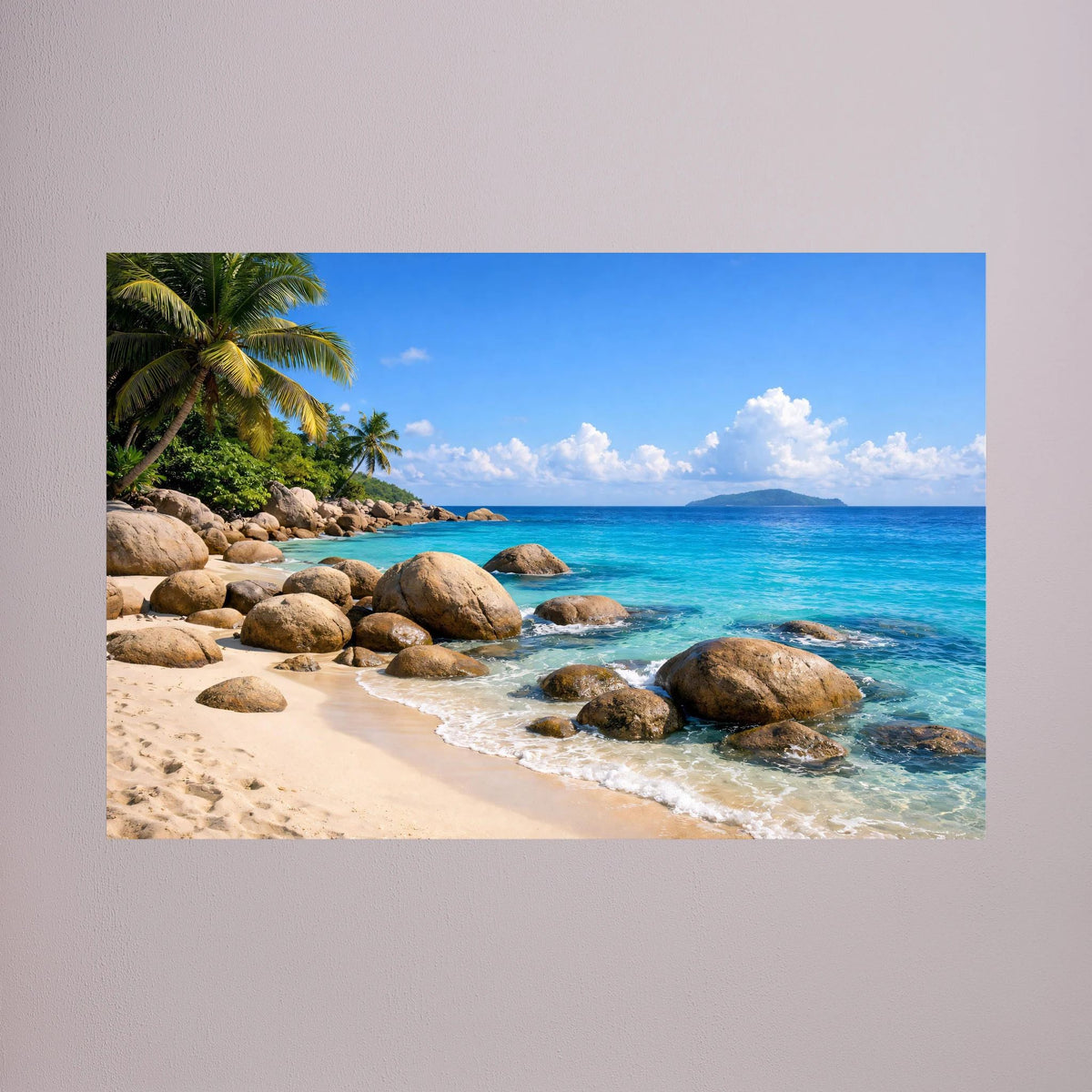 Poster mit tropischem Strand und Granitfelsen, Querformat, rahmenlos