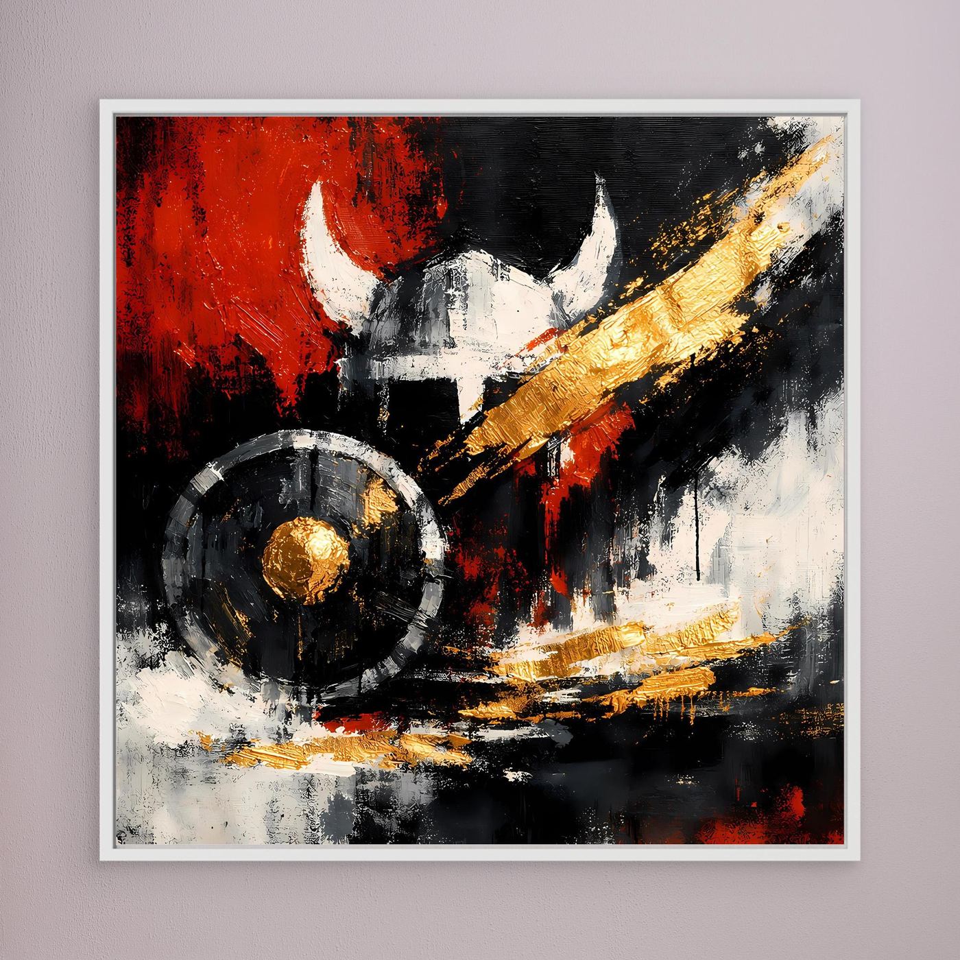 Leinwand-Wandbild mit abstraktem Helm, Wikingerschild mit goldfarbenem Mittelpunkt, weiß gerahmt