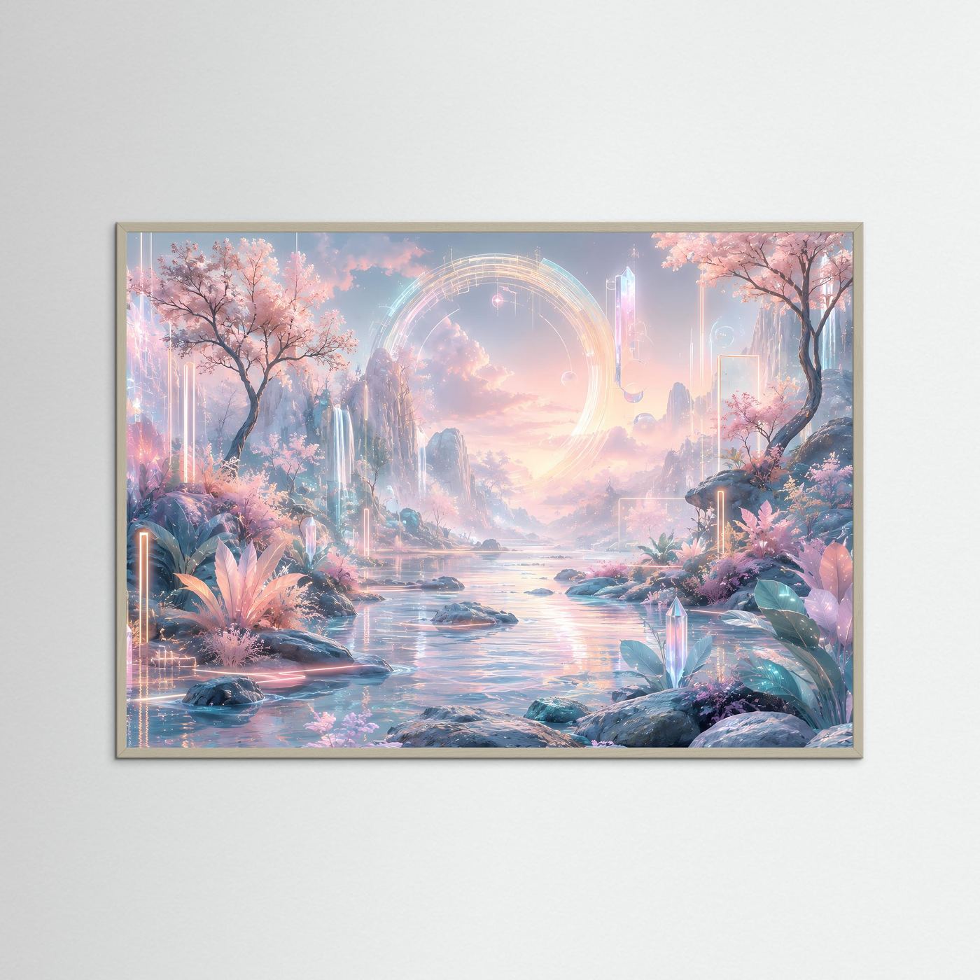 Futuristische Traumlandschaft in Pastell | Fantasy Natur mit Kirschblüten & Lichtportal