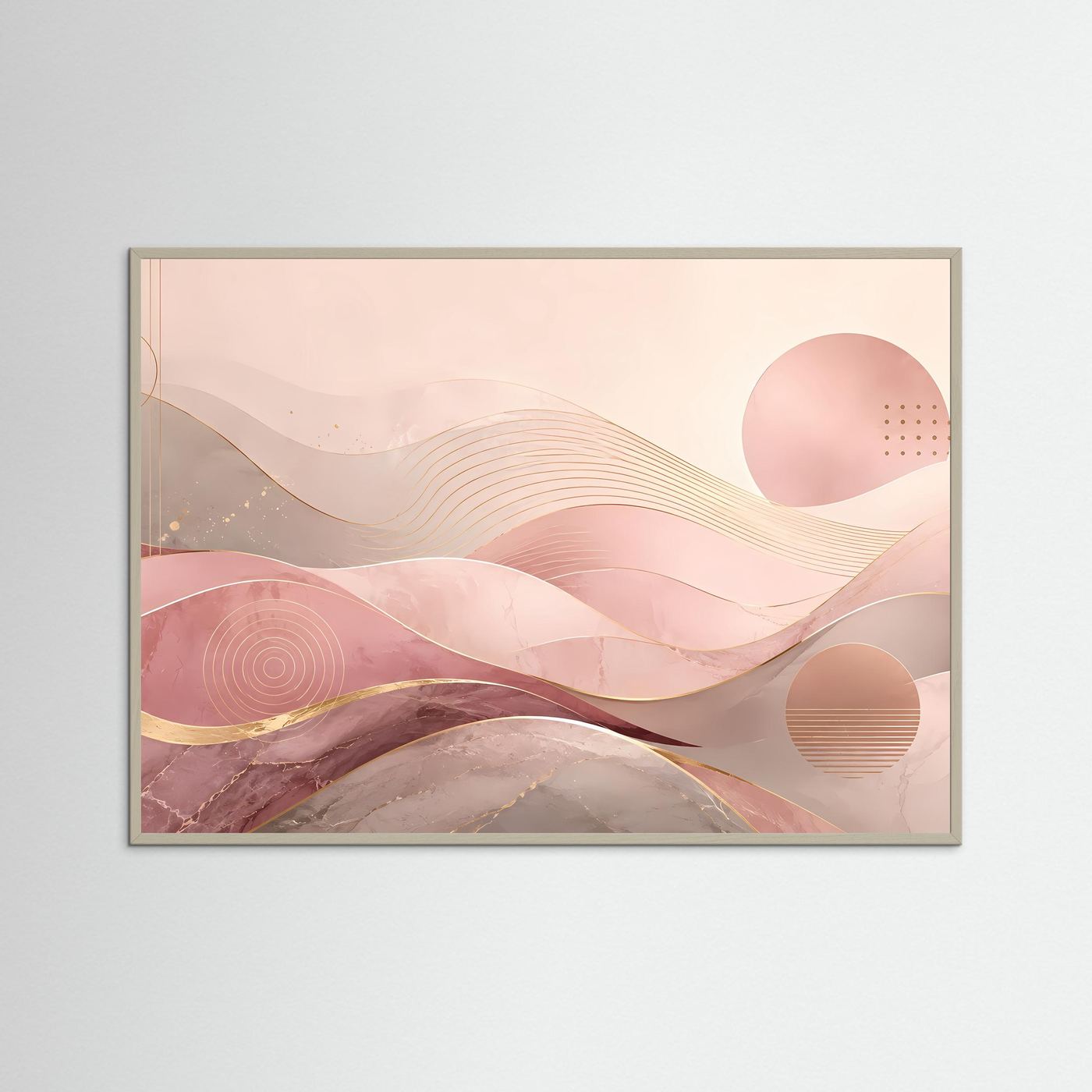 Abstraktes Wellen-Poster querformat mit rosa und Gold in grauem Rahmen
