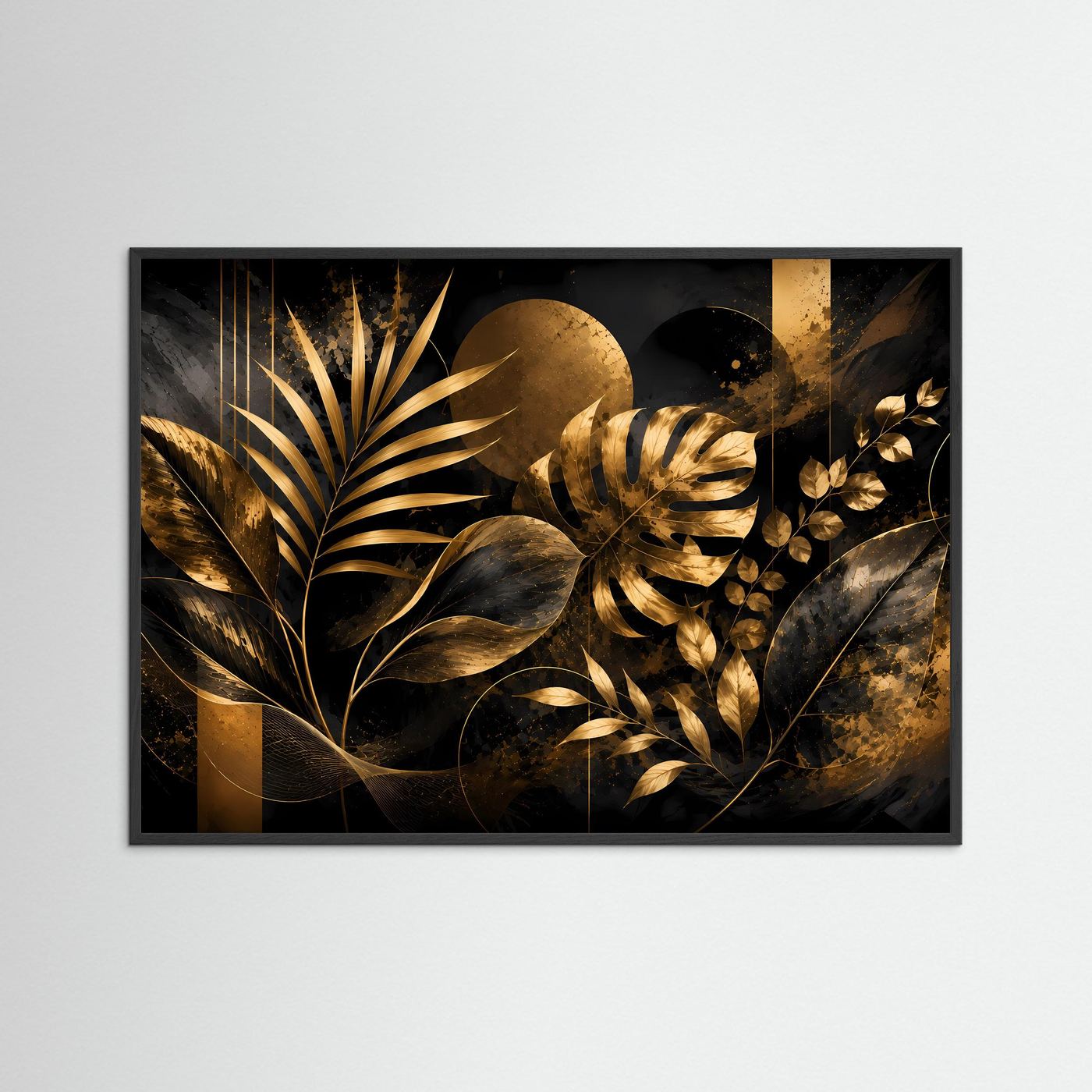Querformat-Poster mit abstrakten Pflanzenblättern, Schwarz-Gold, im schwarzen Rahmen