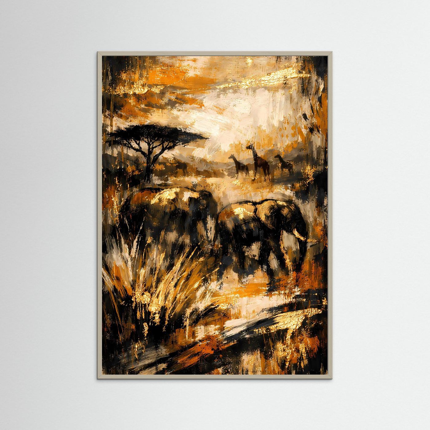 Elefanten-Poster im Hochformat mit beigem Holzrahmen, abstrakt in Gold und Ocker