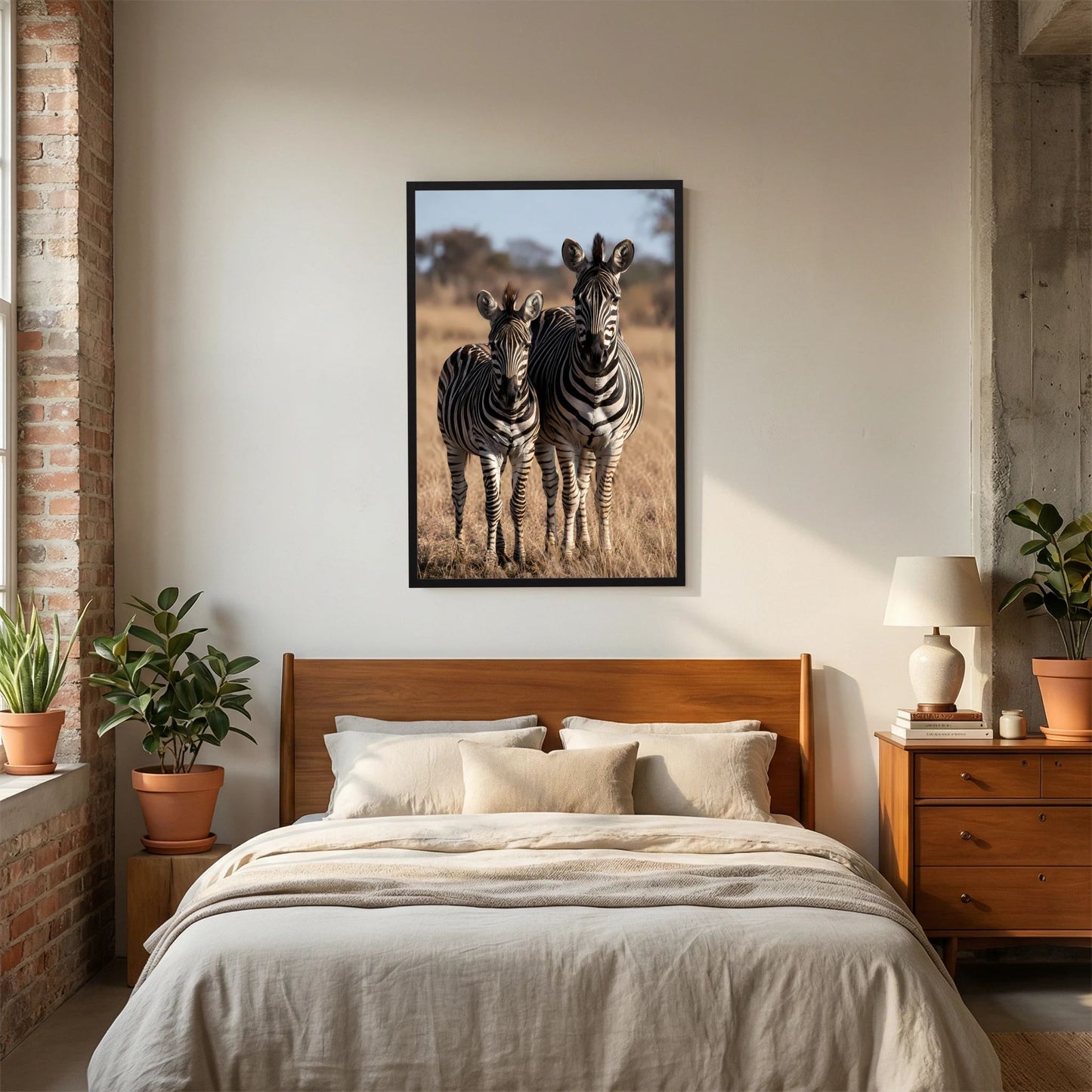 Poster mit Zebra-Mutter und Jungtier, im schwarzen Rahmen