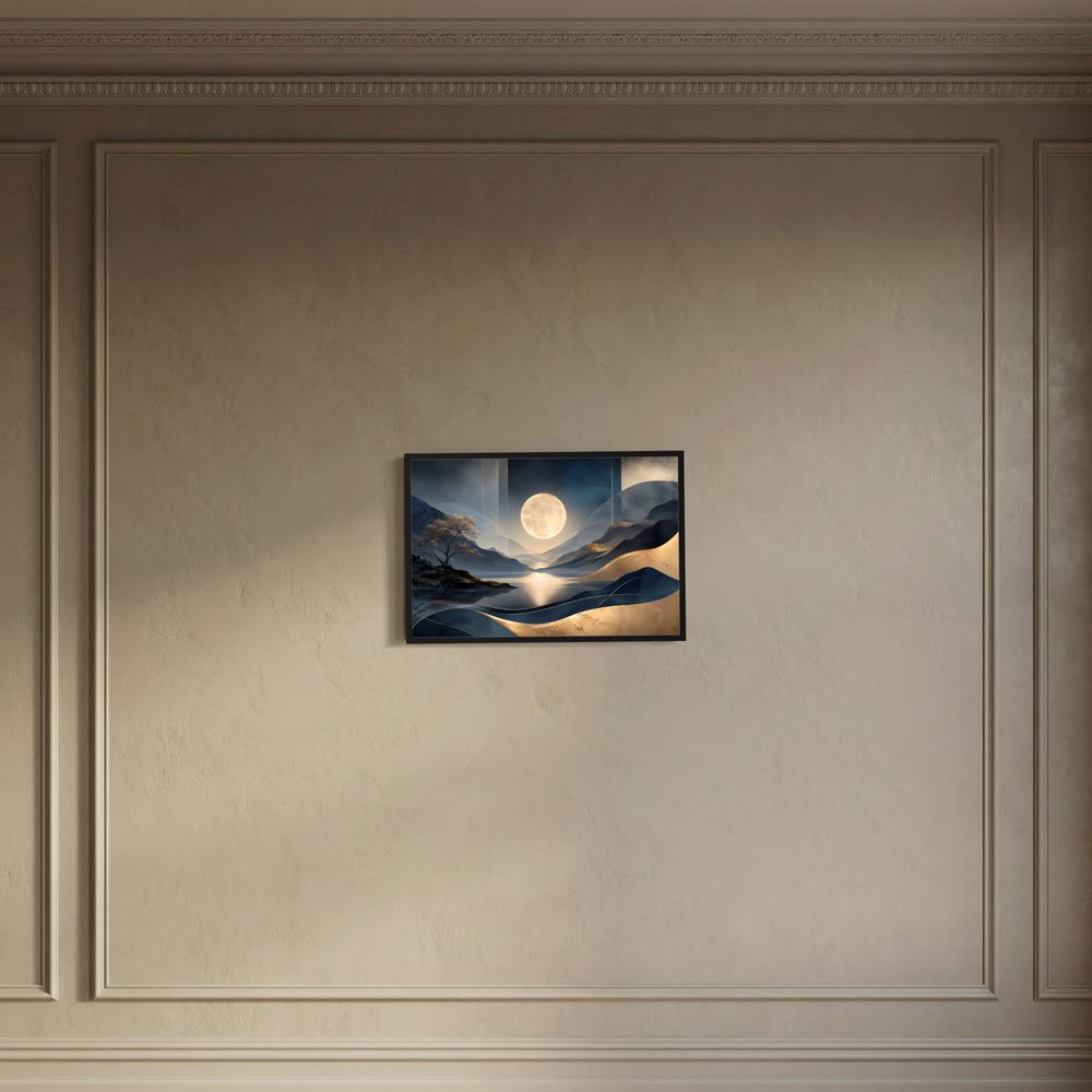 Gerahmtes Querformat-Poster mit Mond über Berglandschaft in Blau und Gold, schwarz