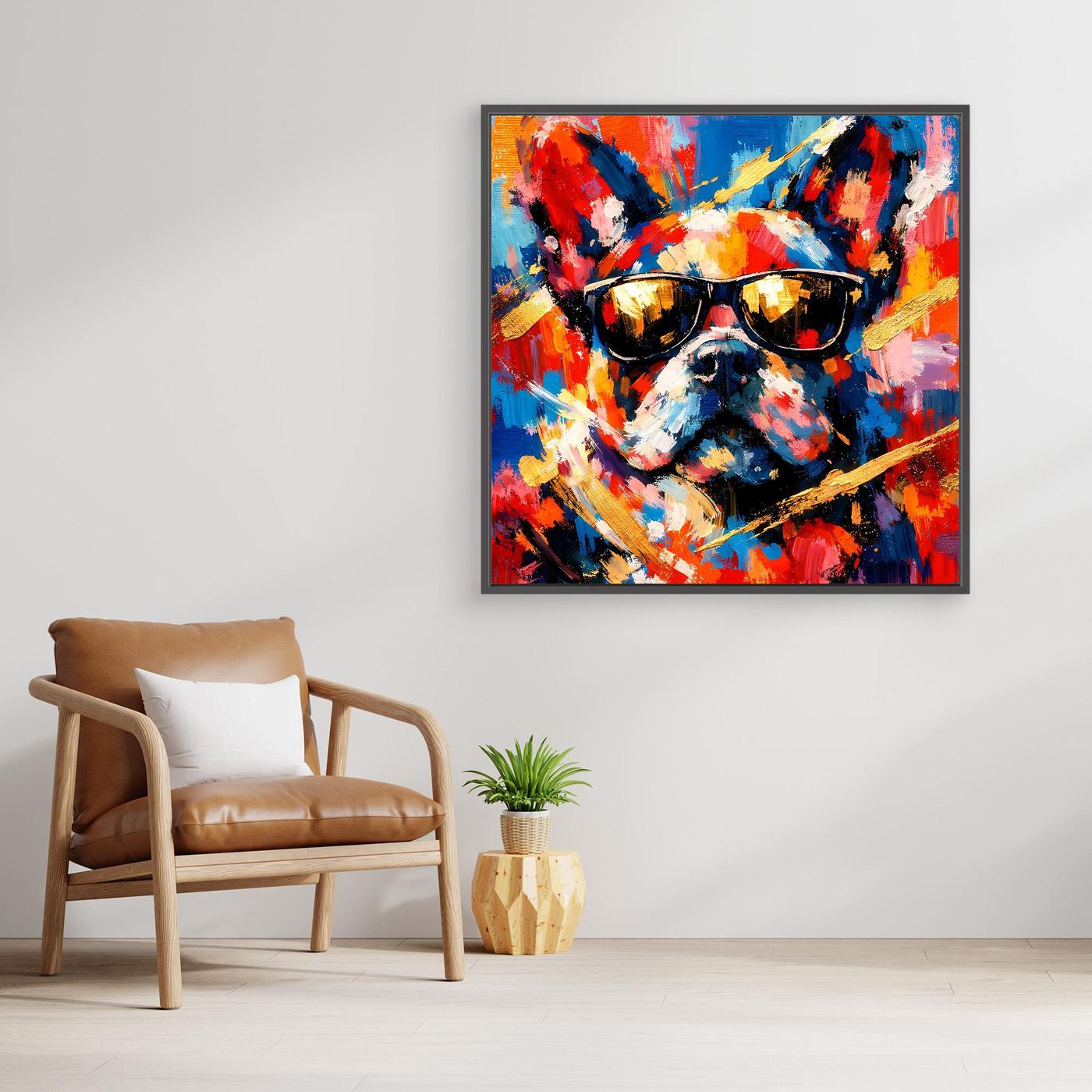 Leinwandbild mit abstrakter Französischer Bulldogge im Close-up, Sonnenbrille, bunte Farben