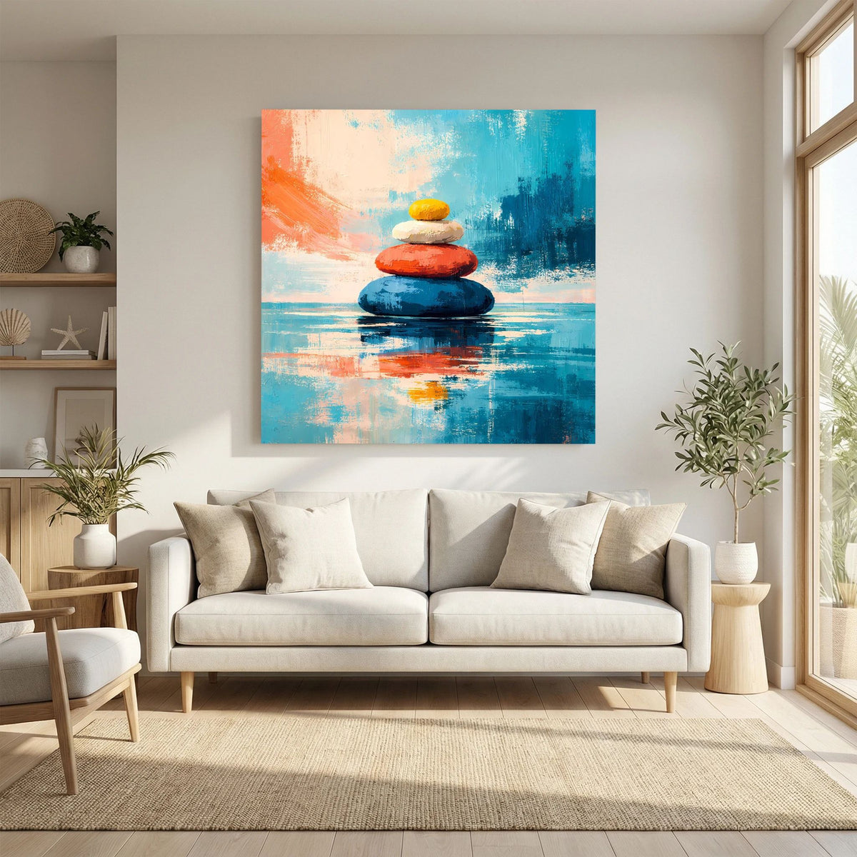 Leinwandbild mit gestapelten Steinen, orange-blaue Farbflächen und ruhige Spiegelung