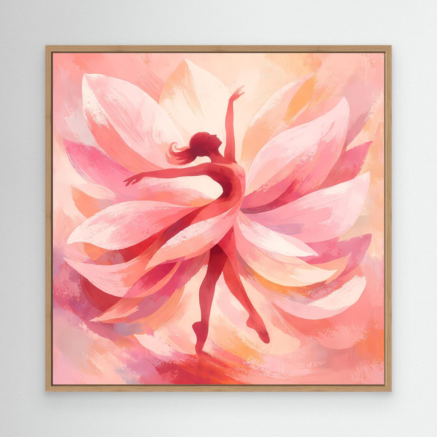 Leinwandbild mit abstrakter Tänzerin zwischen rosa Blütenblättern, Eichenrahmen