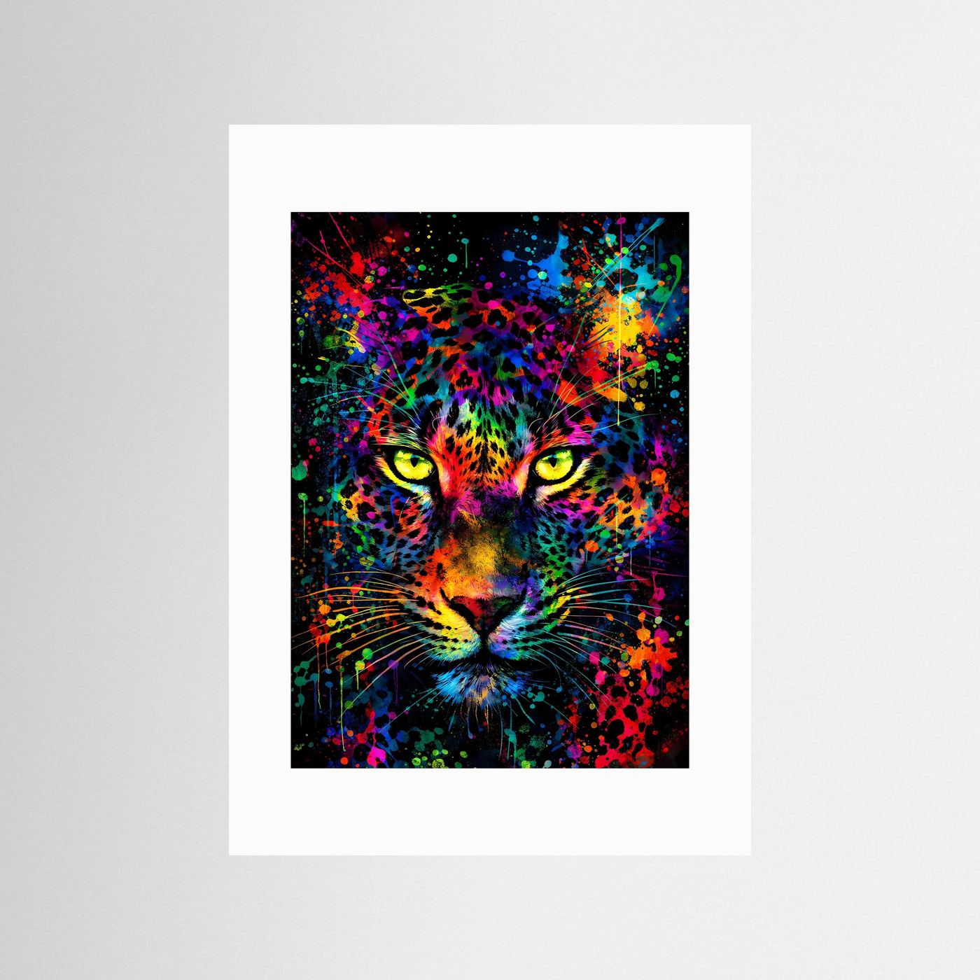 Leopardenposter mit farbiger Farbexplosion, weißer Rand ohne Rahmen